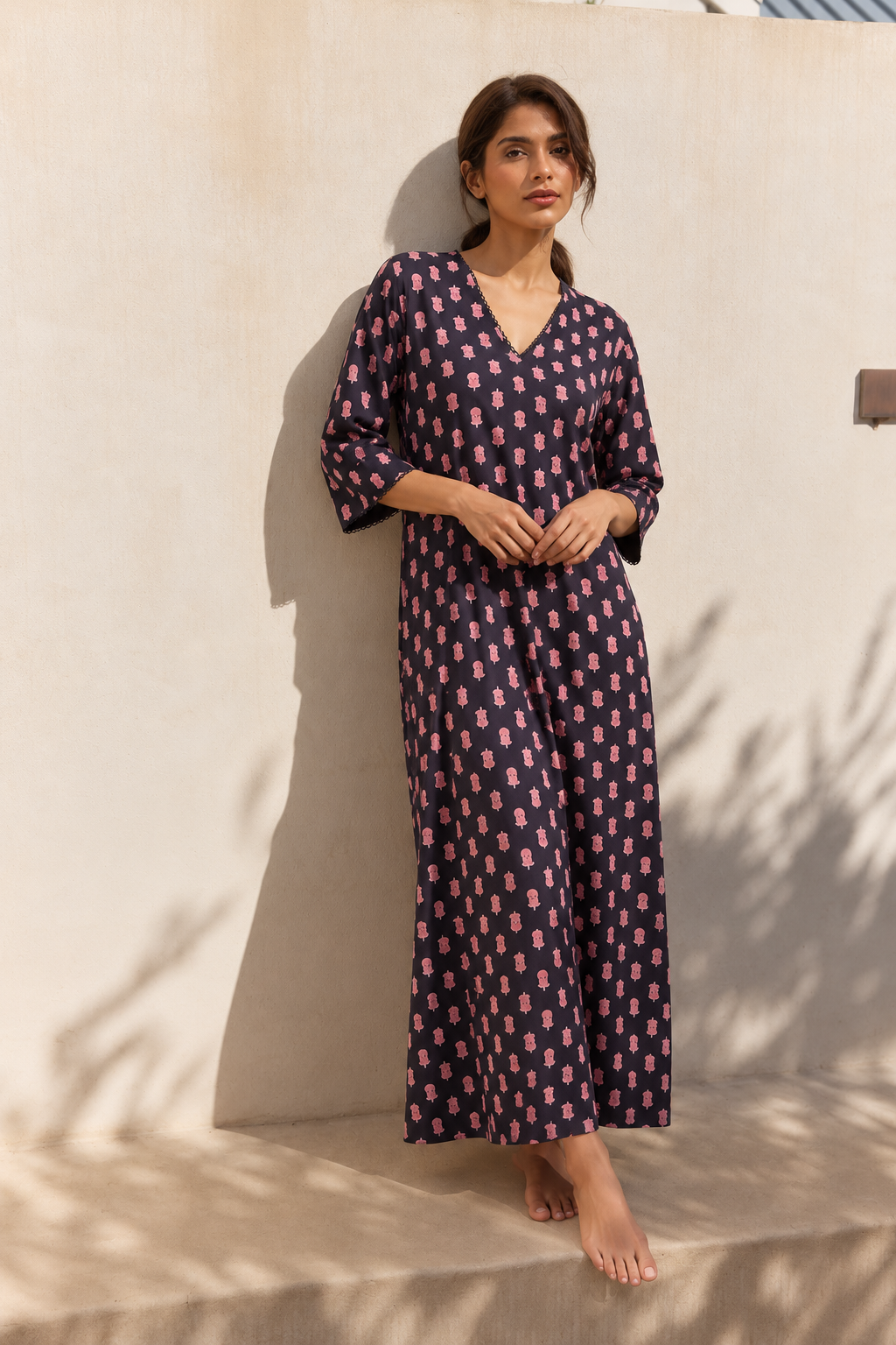Black V-Neck Ethnic Motifs Floral Print Nighty For Women