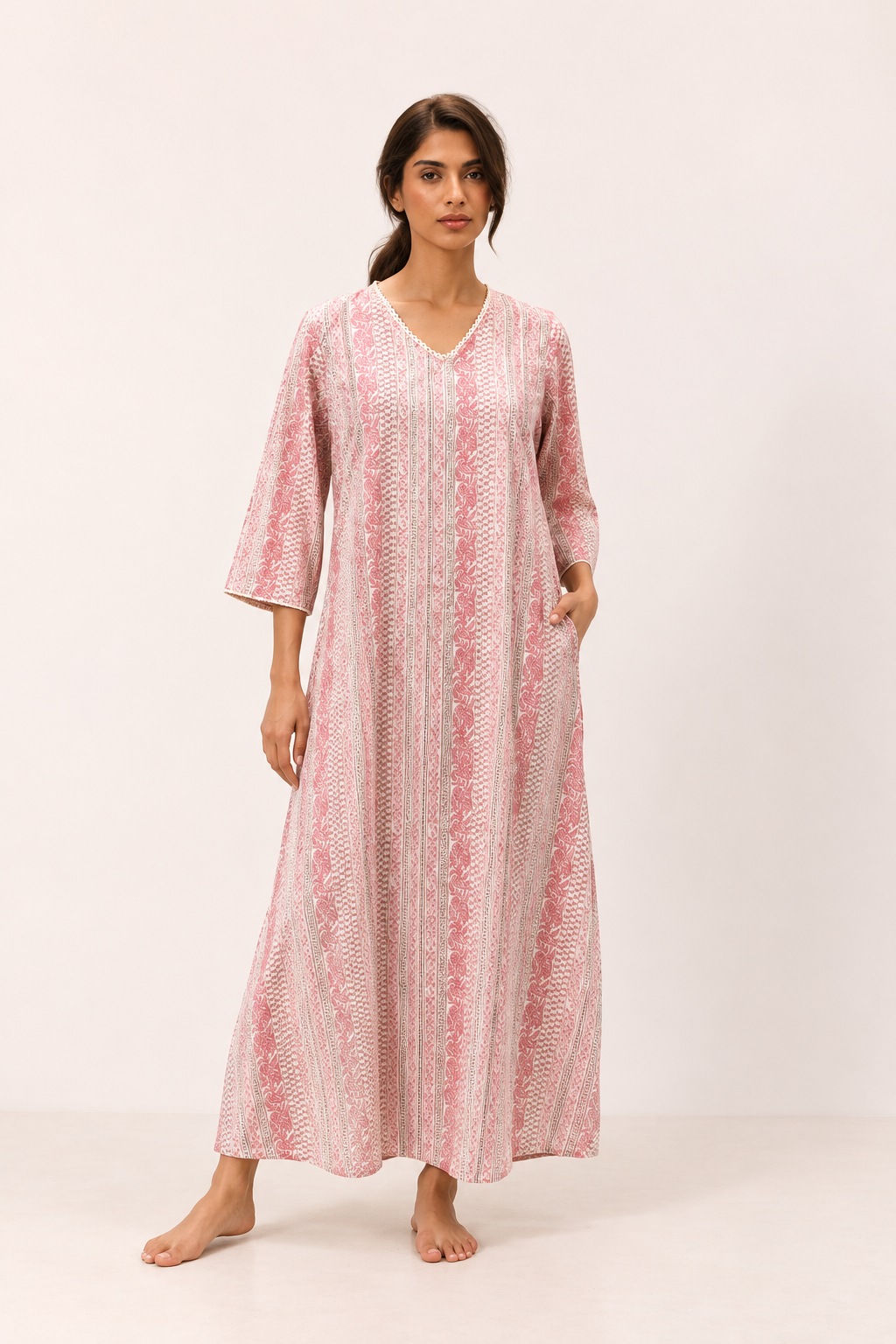 Pink Stripes Print V-Neck Pure Cotton Maxi Nighty For Women