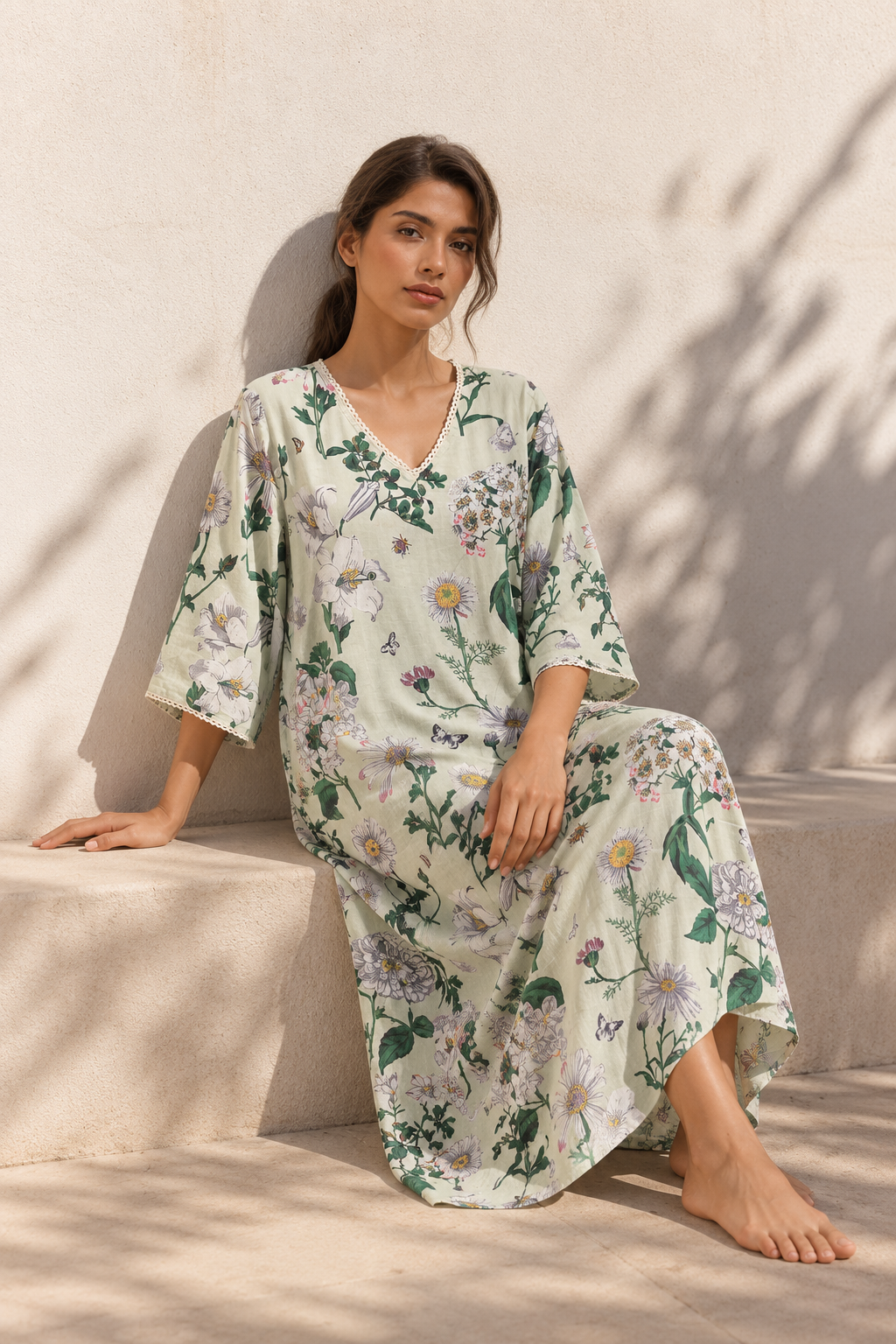 White Floral Print V-Neck Maxi Pure Cotton Nighty For Women