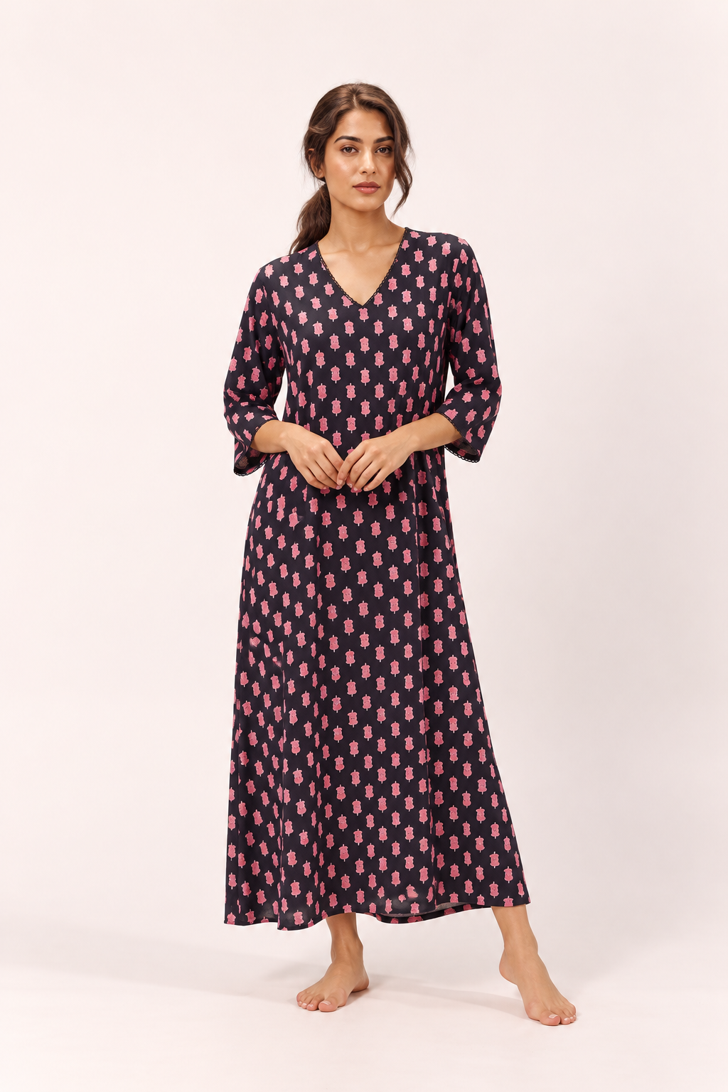 Black V-Neck Ethnic Motifs Floral Print Nighty For Women