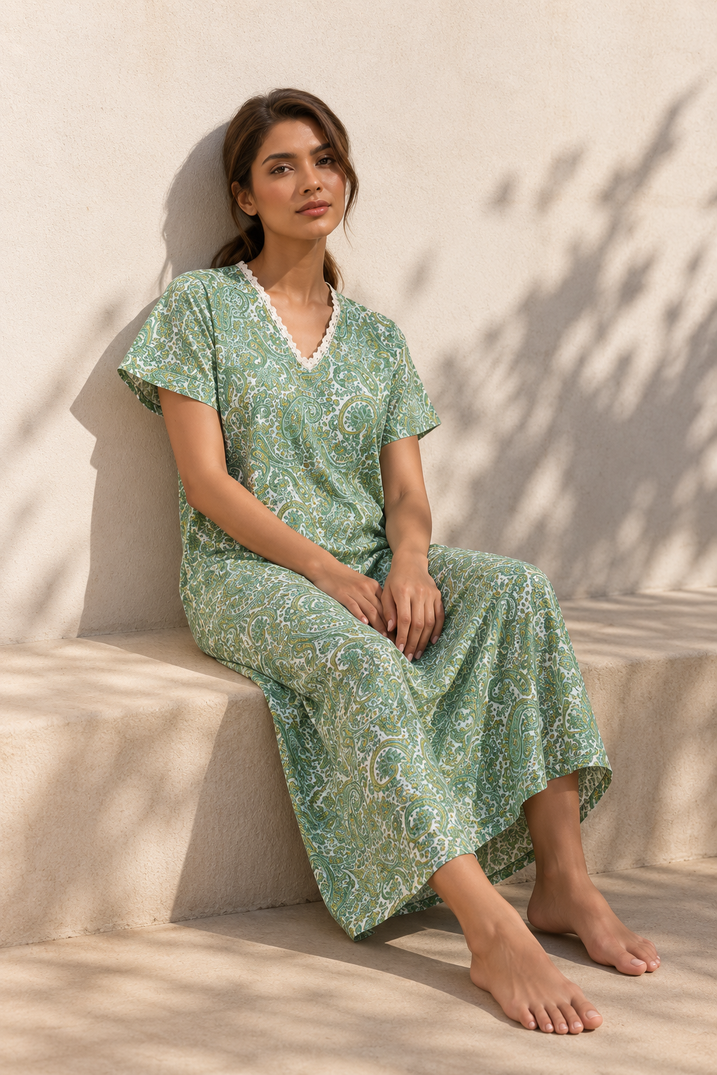 Blue V-Neck Paisley Maxi Length Pure Cotton Nighty For Women