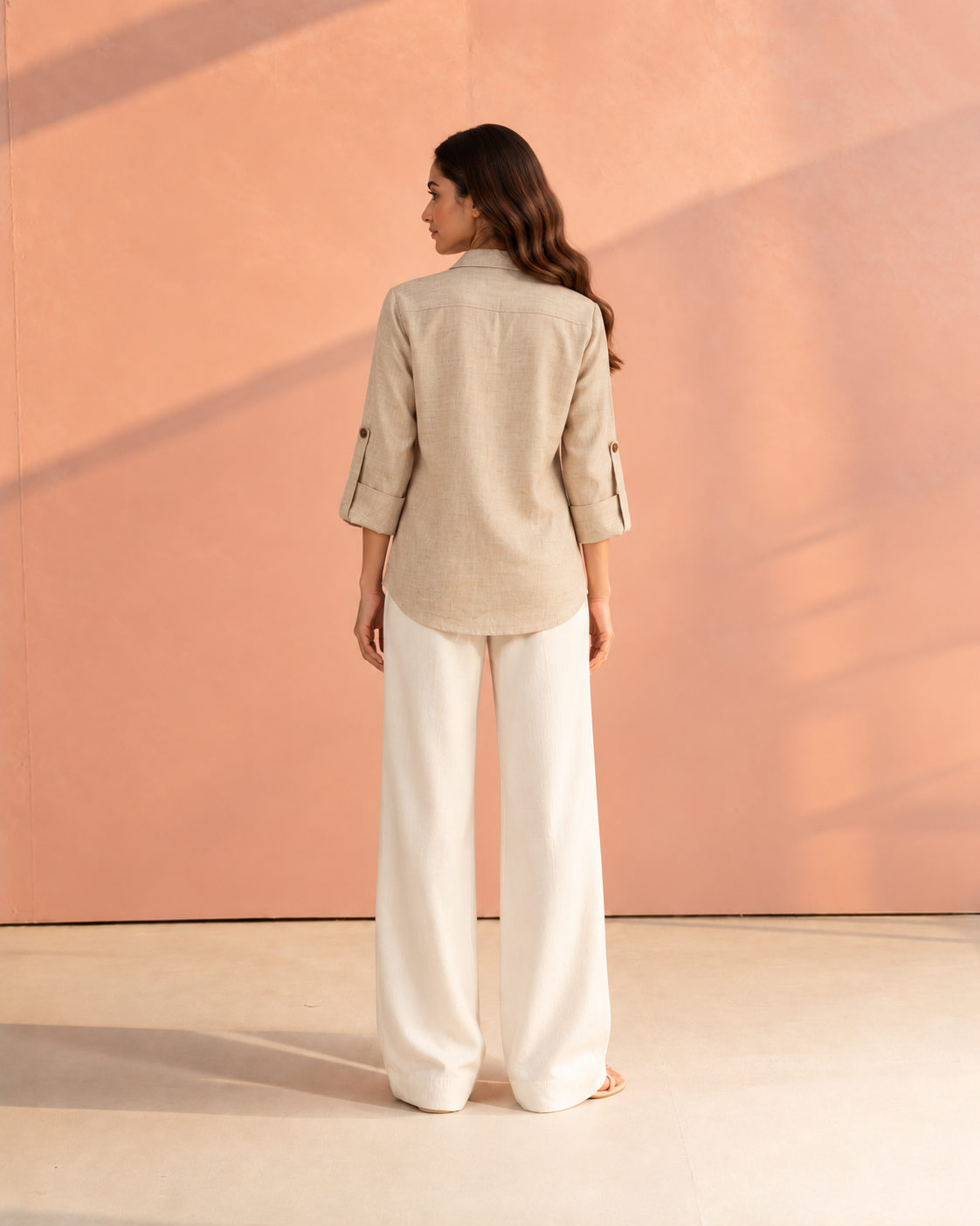 Beige Cuban Collar Solid Hunter Shirt For Women