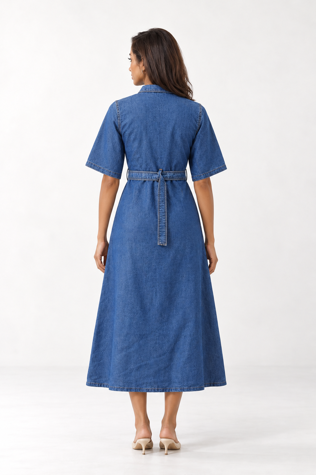Navy Blue Shirt Collar Belted Denim A-Line Shirt Dress For Women