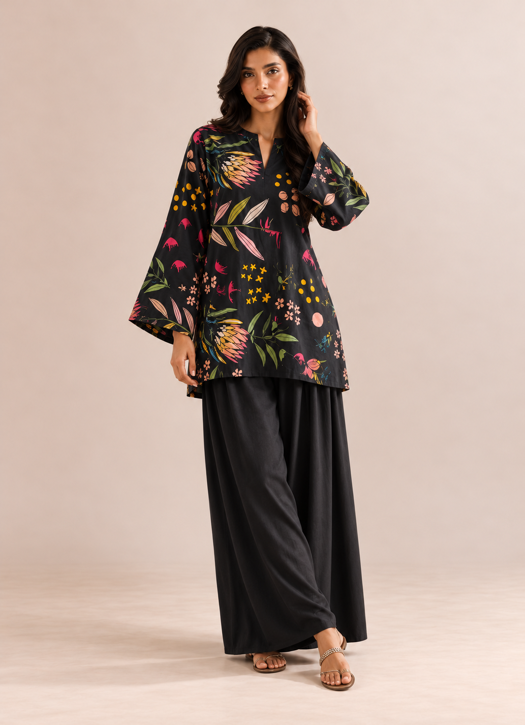Black Mandarin Collar Floral Printed Pure Cotton Farshi Co-Ord Set For Women