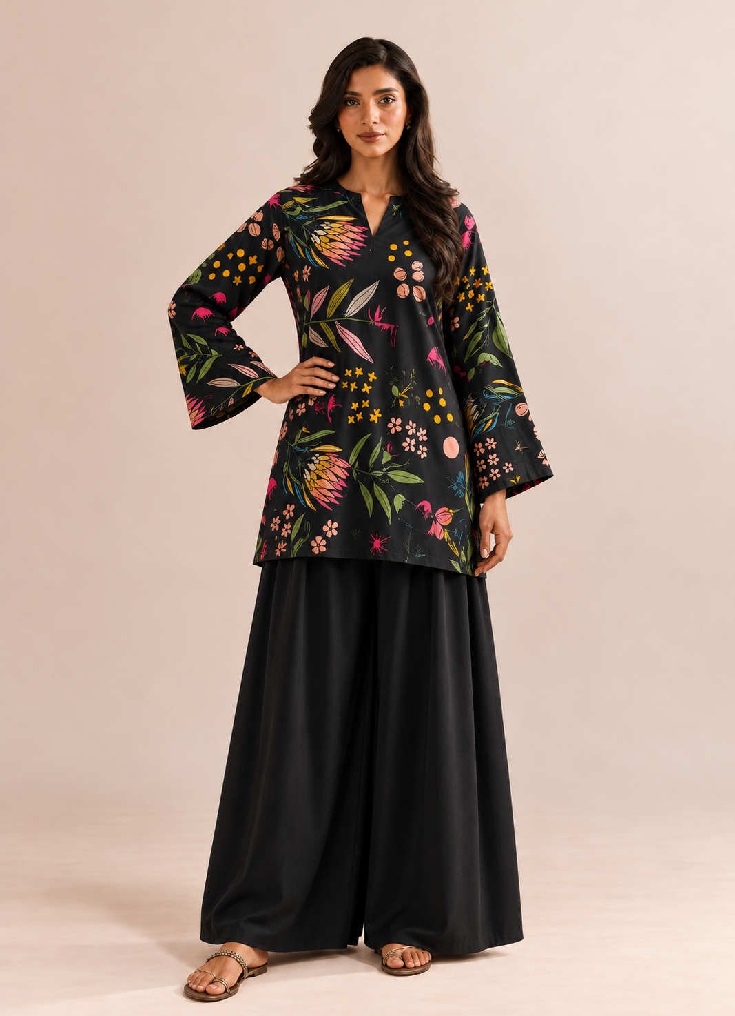 Black Mandarin Collar Floral Printed Pure Cotton Farshi Co-Ord Set For Women