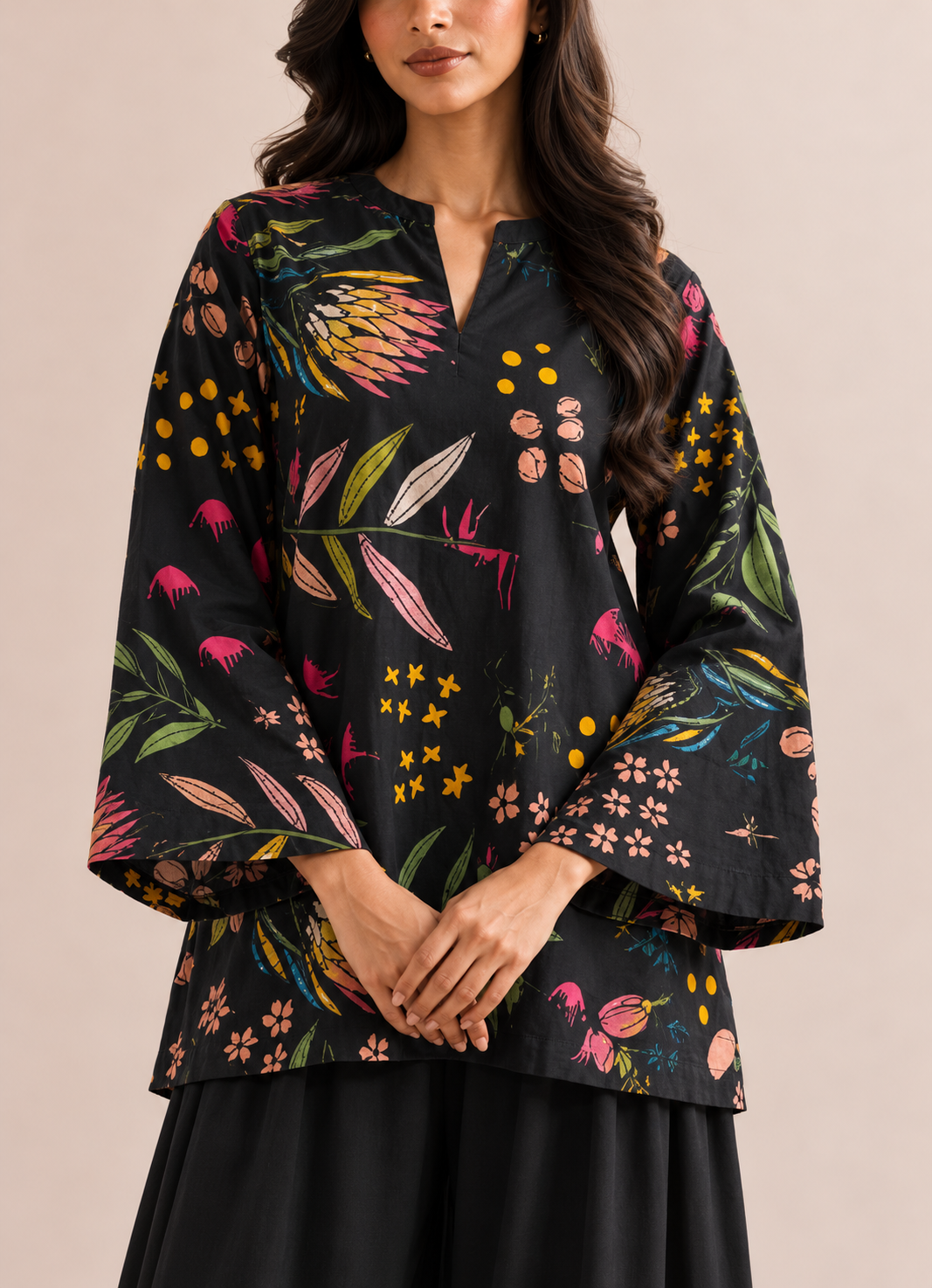 Black Mandarin Collar Floral Printed Pure Cotton Farshi Co-Ord Set For Women