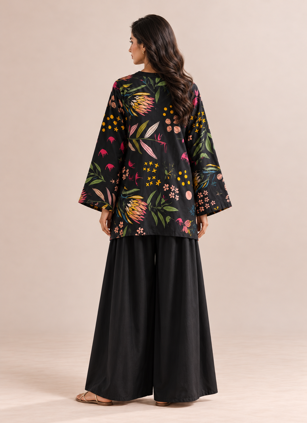 Black Mandarin Collar Floral Printed Pure Cotton Farshi Co-Ord Set For Women