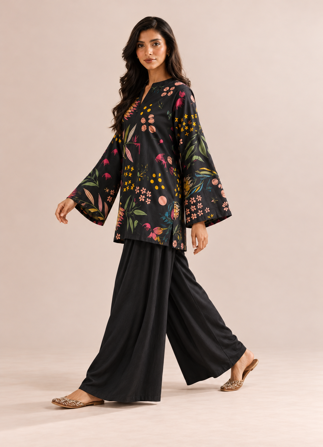 Black Mandarin Collar Floral Printed Pure Cotton Farshi Co-Ord Set For Women