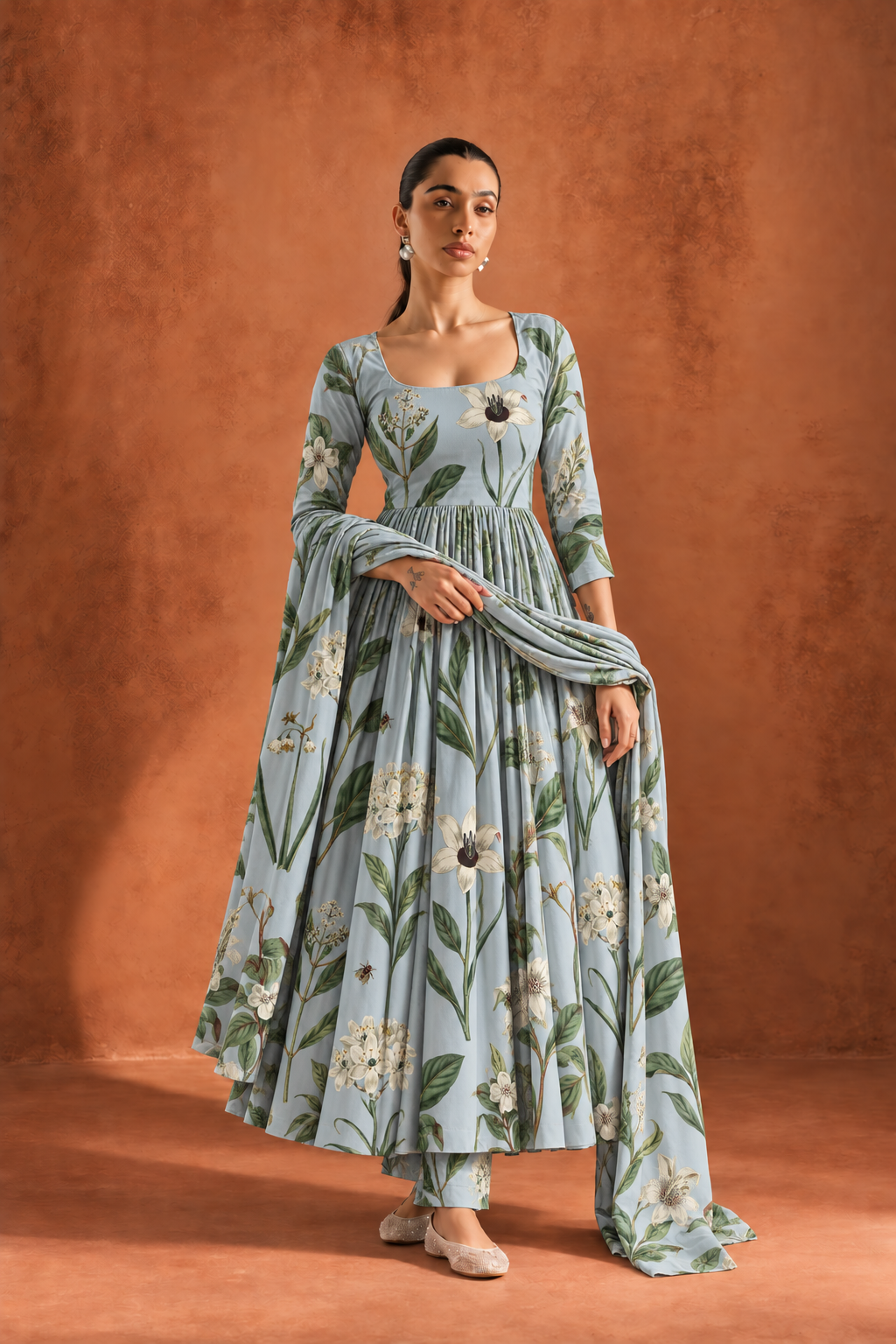 Blue Round Neck Anarkali Floral Print Kurta Set With Dupatta For Women