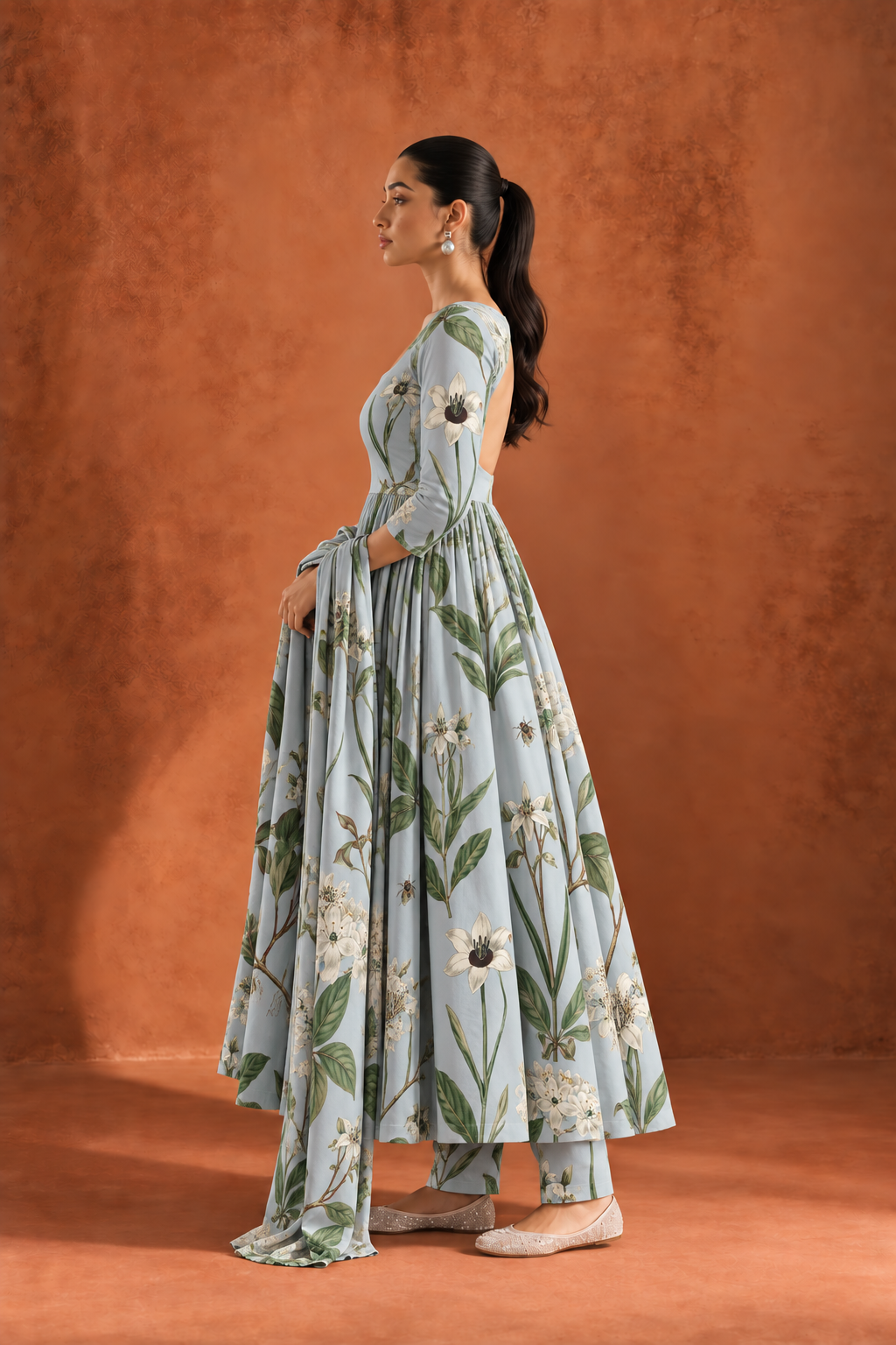 Blue Round Neck Anarkali Floral Print Kurta Set With Dupatta For Women
