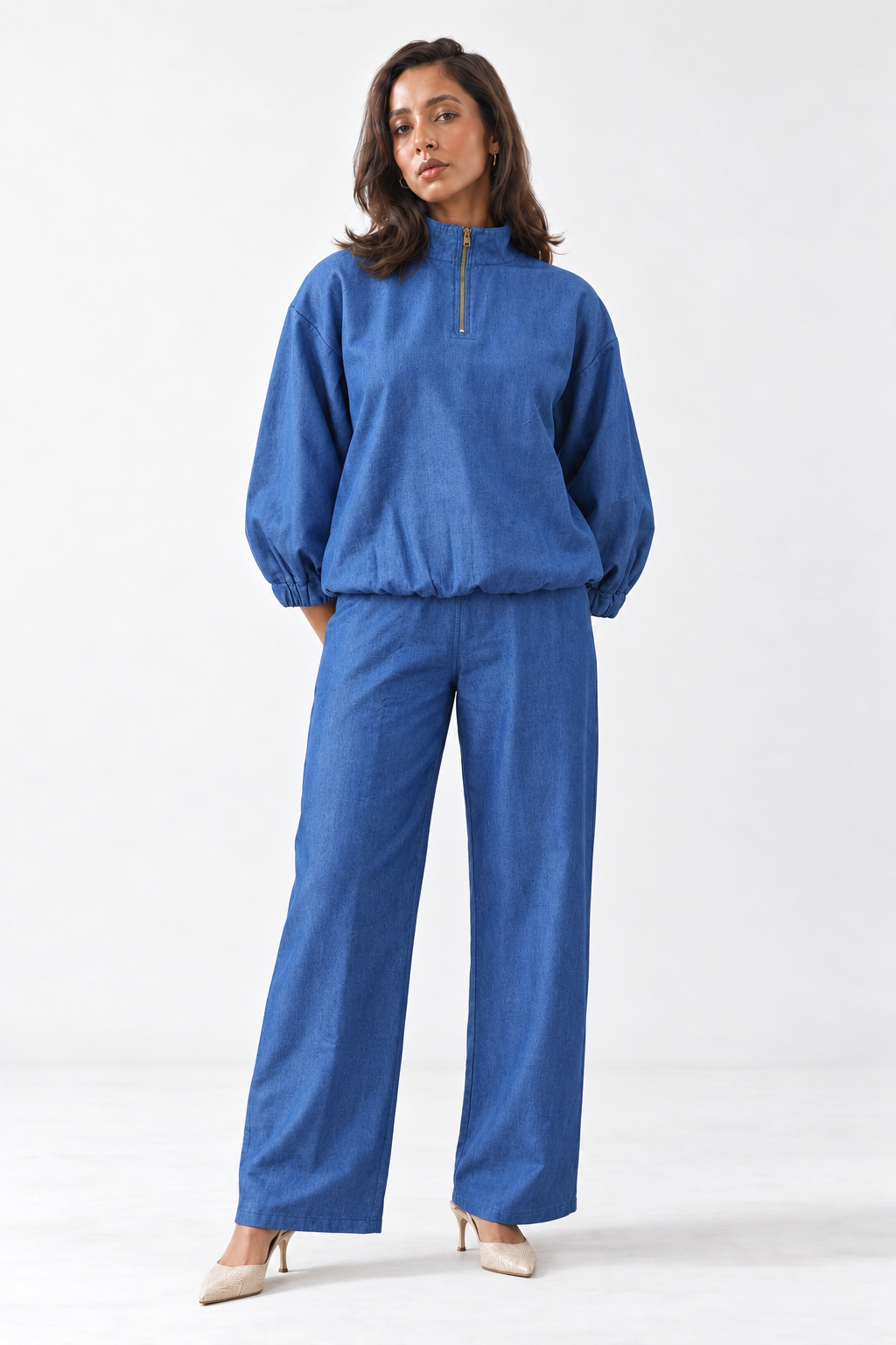 Navy Blue Half-Zip Stand Collar Pure Cotton Co-Ord Set For Women