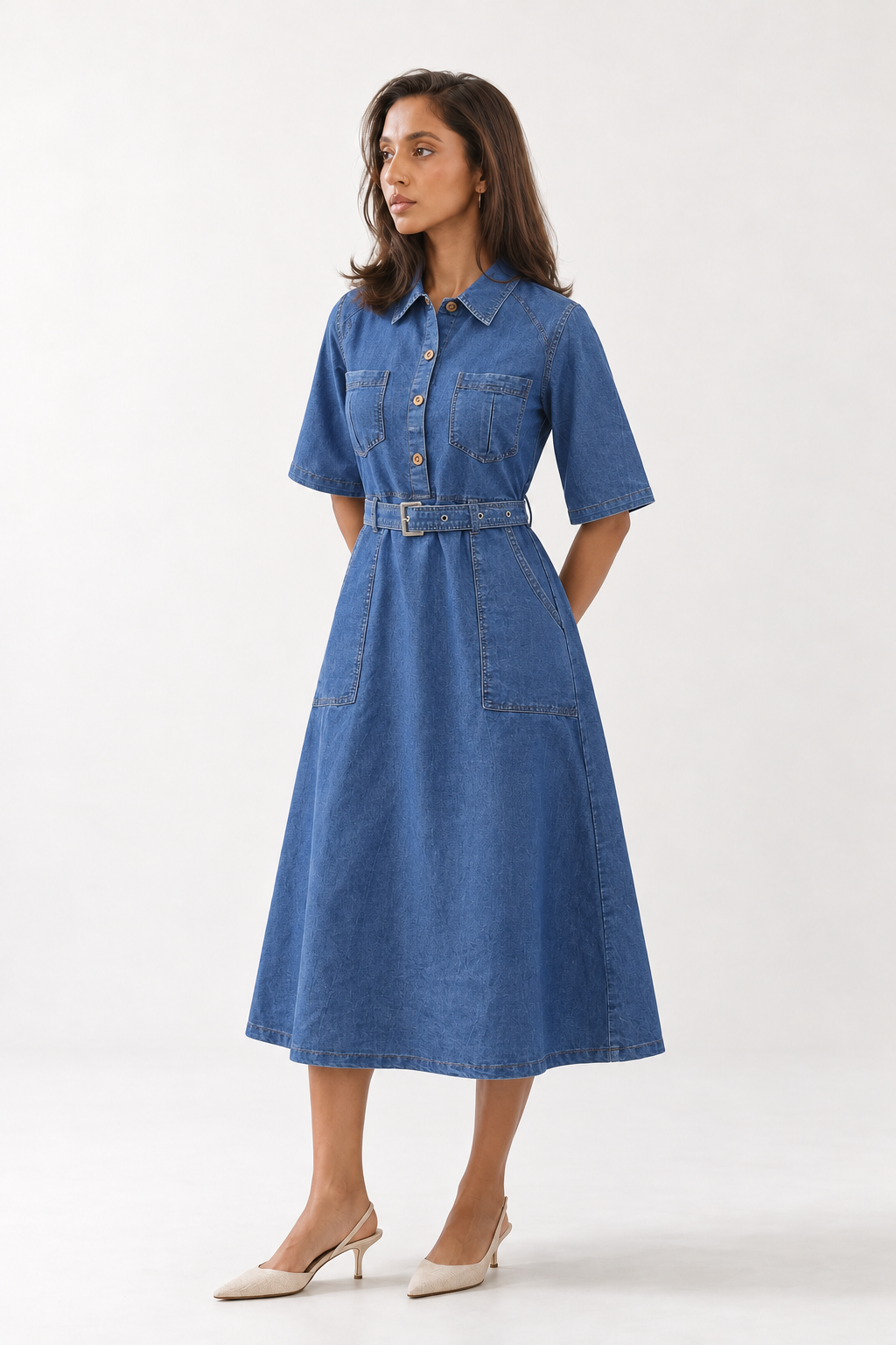 Navy Blue Shirt Collar Belted Denim A-Line Shirt Dress For Women
