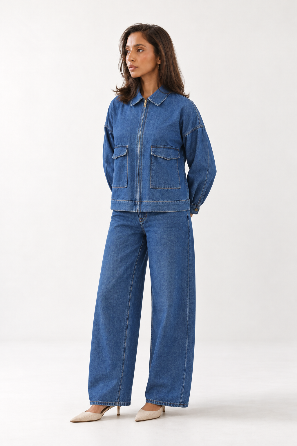 Navy Blue Zip-Front Utility Cotton Denim Jacket For Women