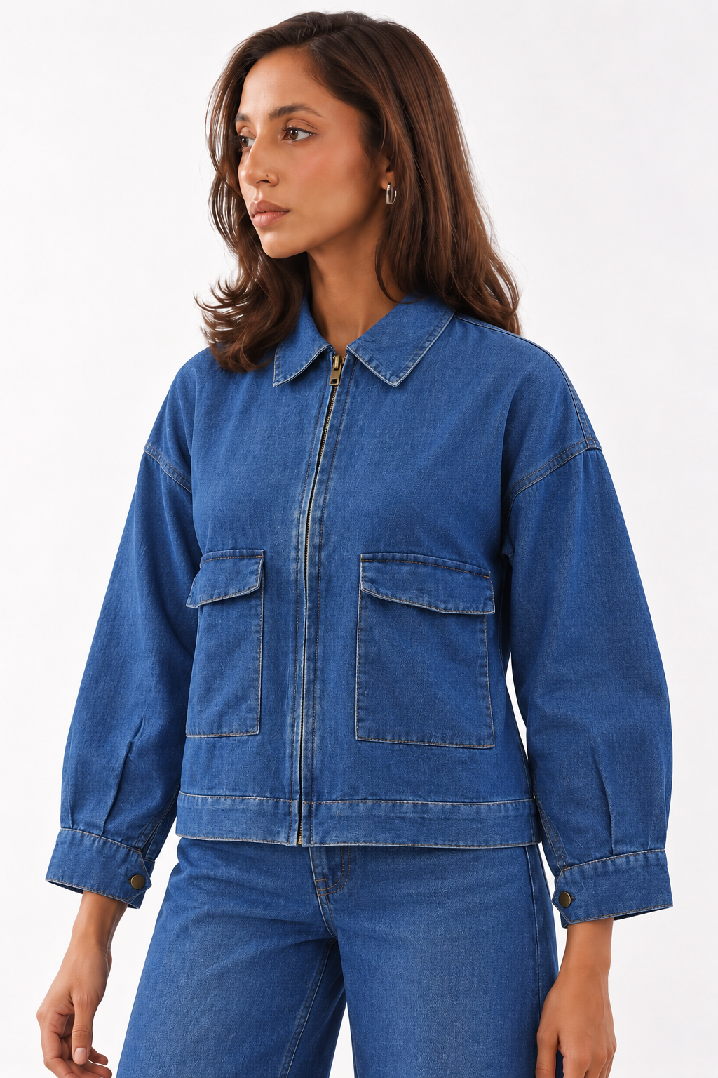 Navy Blue Zip-Front Utility Cotton Denim Jacket For Women