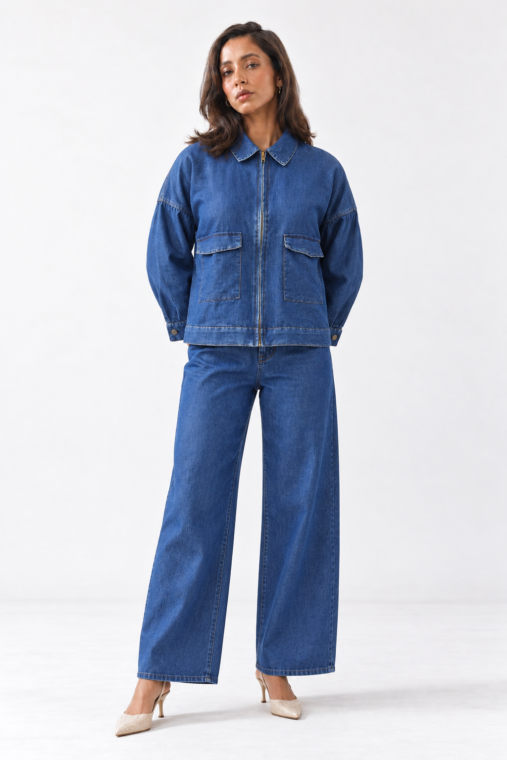 Navy Blue Zip-Front Utility Cotton Denim Jacket For Women