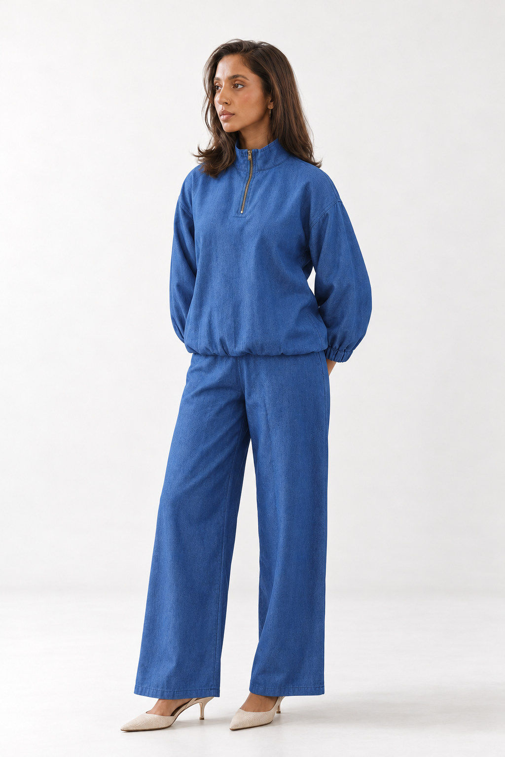 Navy Blue Half-Zip Stand Collar Pure Cotton Co-Ord Set For Women