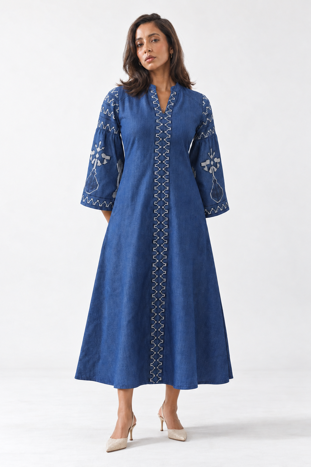 Blue Ethnic Embroidered Split V-Neck Shift Dress For Women