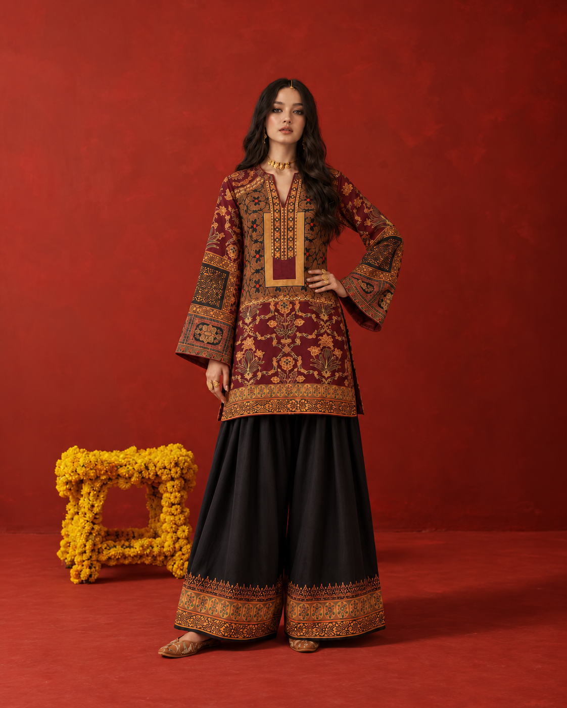 Maroon V-Neck Persian Arabesque Print Farshi Salwar Suit Co-ord Set For Women