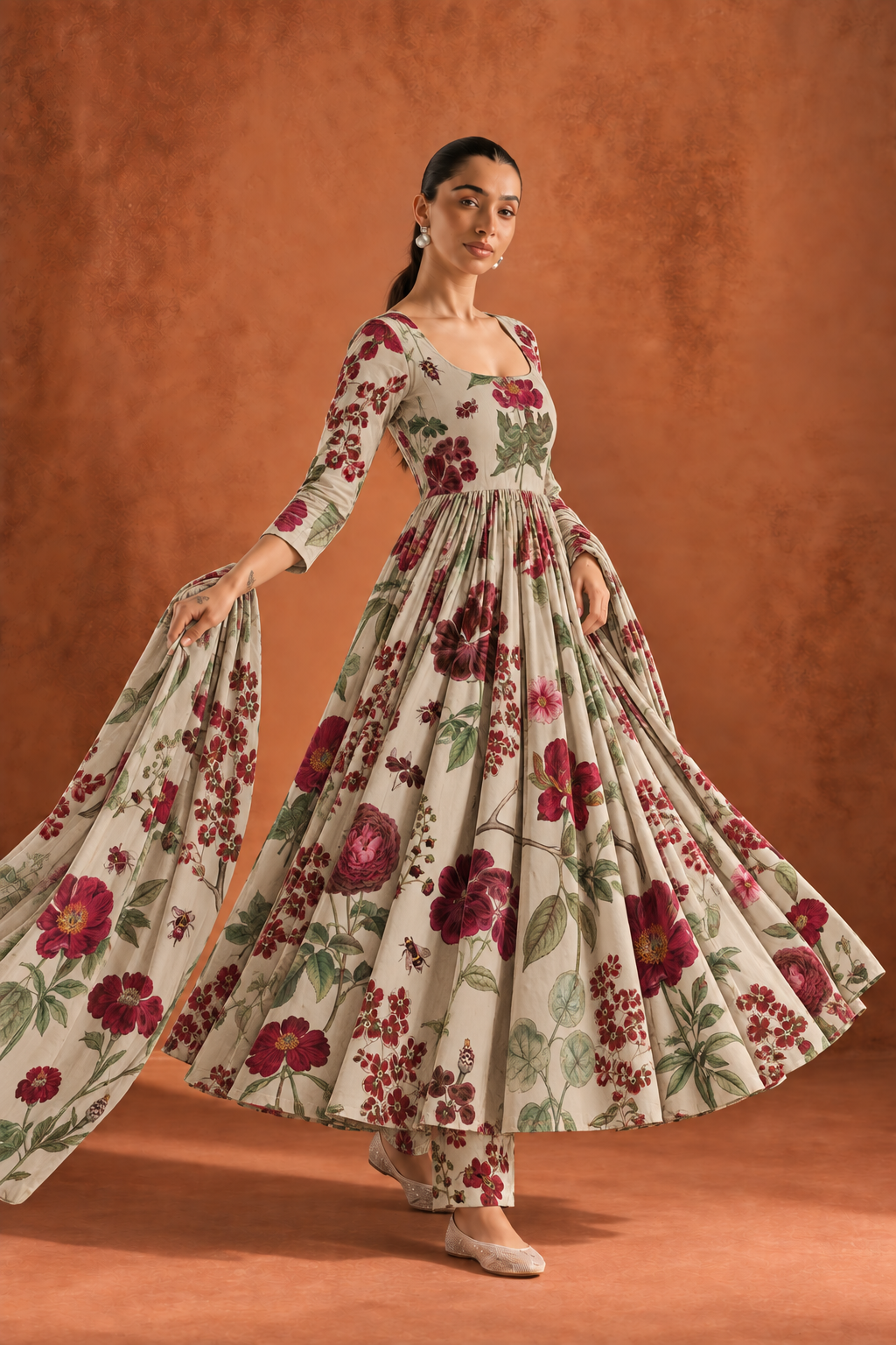 White & Red Round Neck Floral Print Anarkali Kurta Set For Women