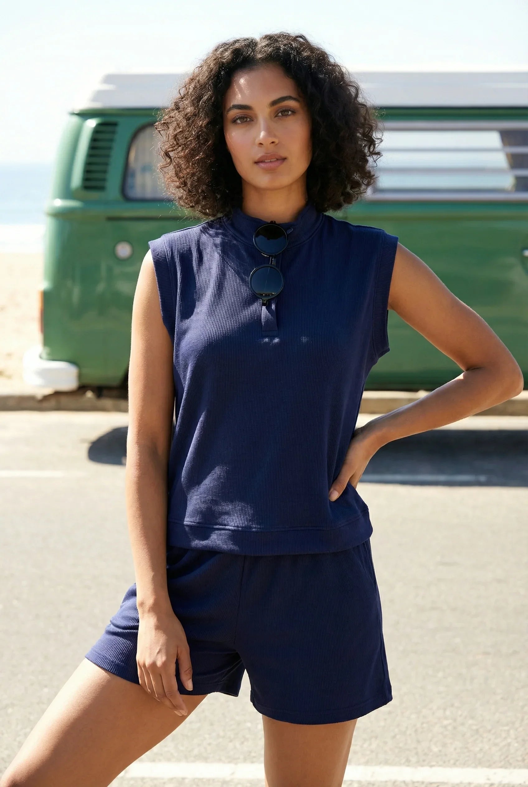 Blue Solid Print Round Neck Lycra Night Suit Set for Women - SanskrutiHomes 