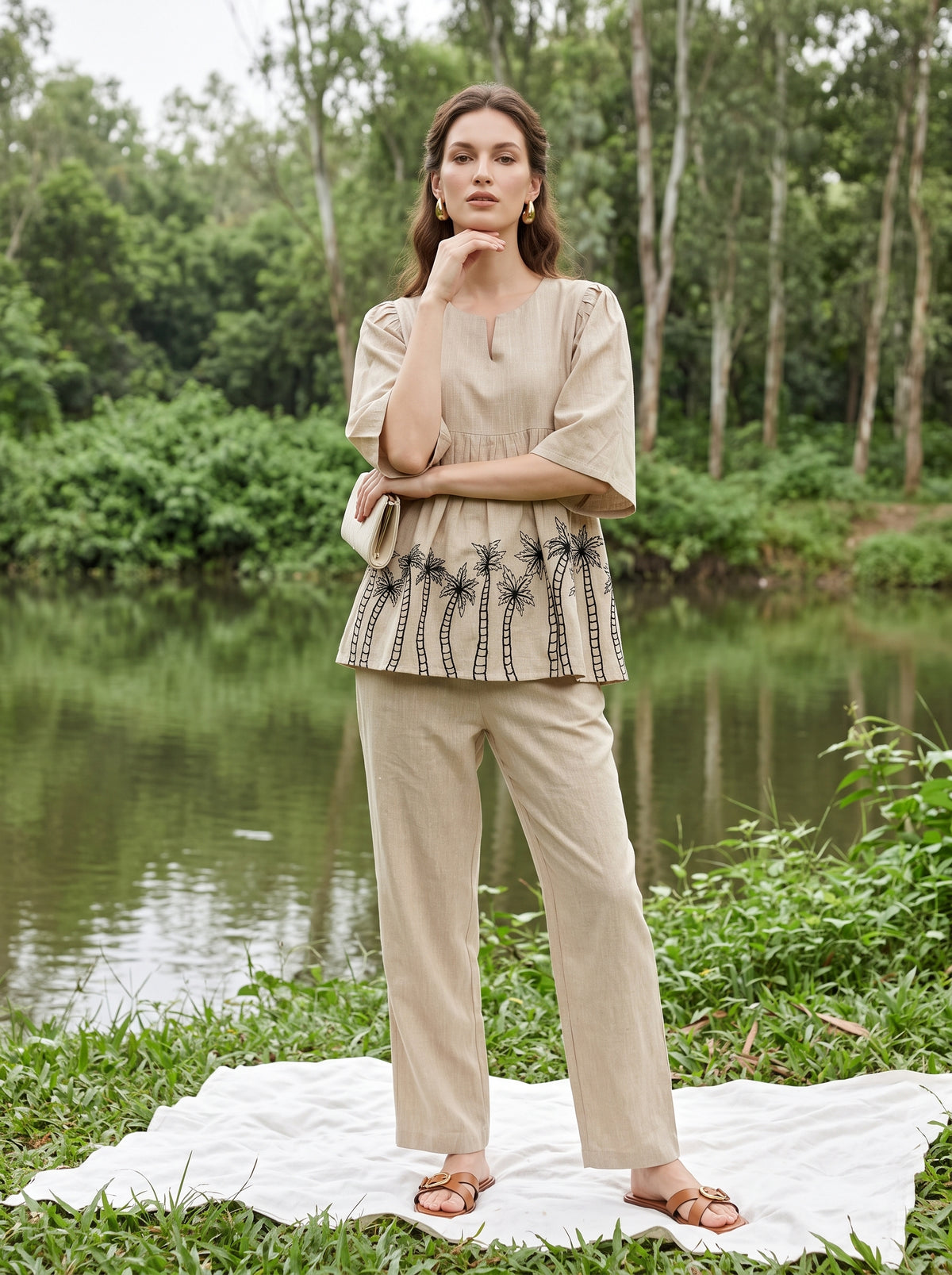 Beige V-Neck Dyed Pure Cotton Co-Ord Set For Women