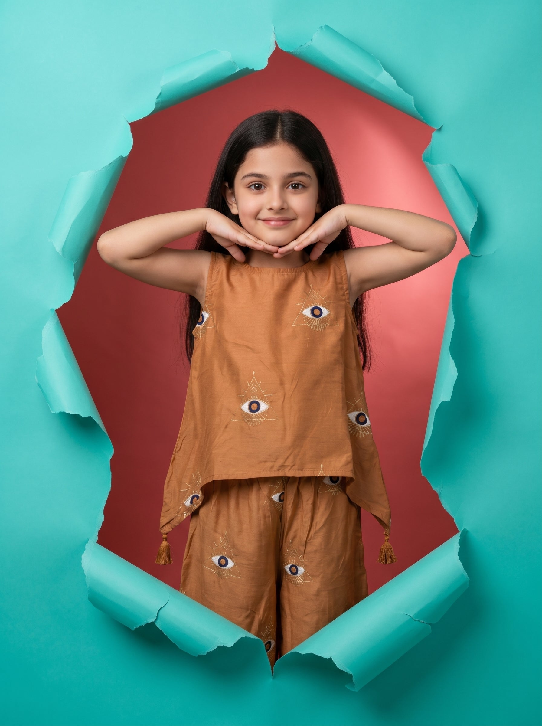 Brown Round Neck Geometric Print Silk Blend Co-Ord Set For Kids