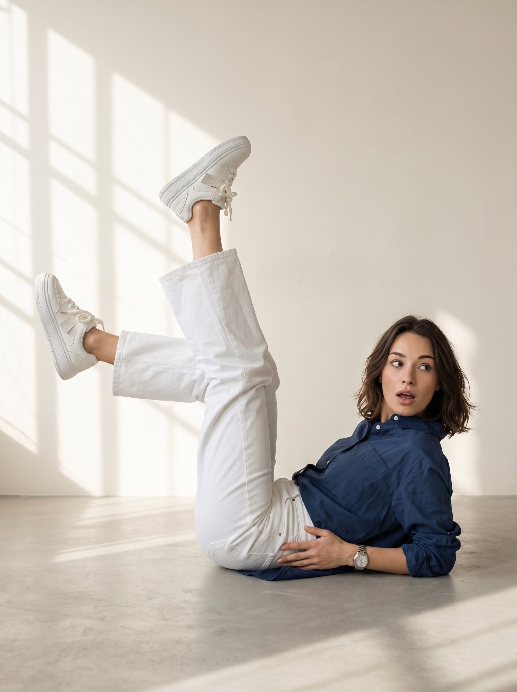 Blue Spread Collar Solid Casual Cotton Shirt For Women