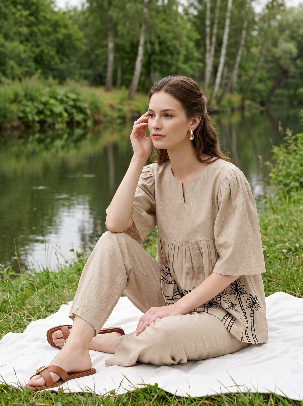 Beige V-Neck Dyed Pure Cotton Co-Ord Set For Women