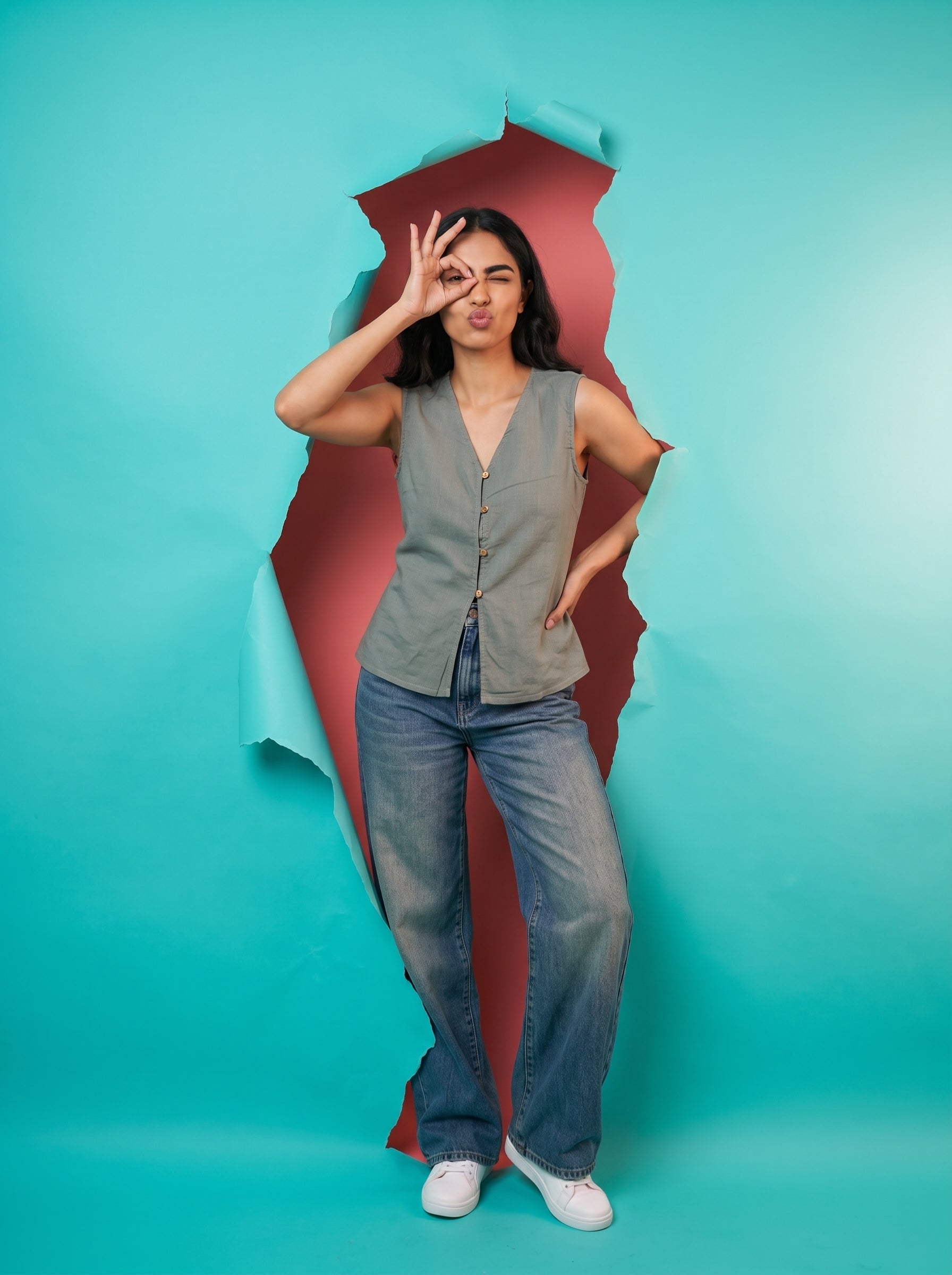 Grey V-Neck Solid Pure Cotton Top For Women