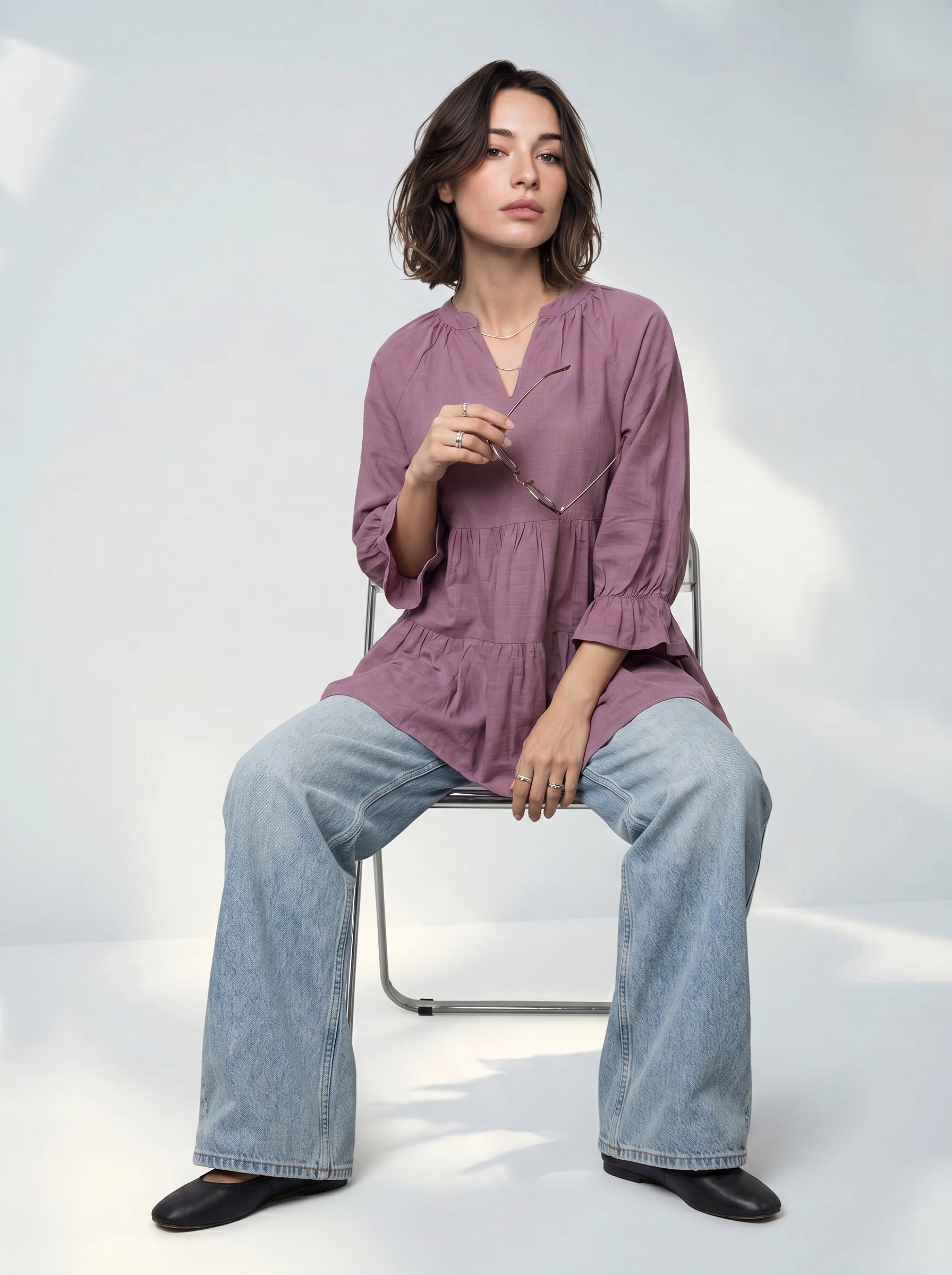 Lavender Solid Mandarin Neck Pure Cotton Top for Women