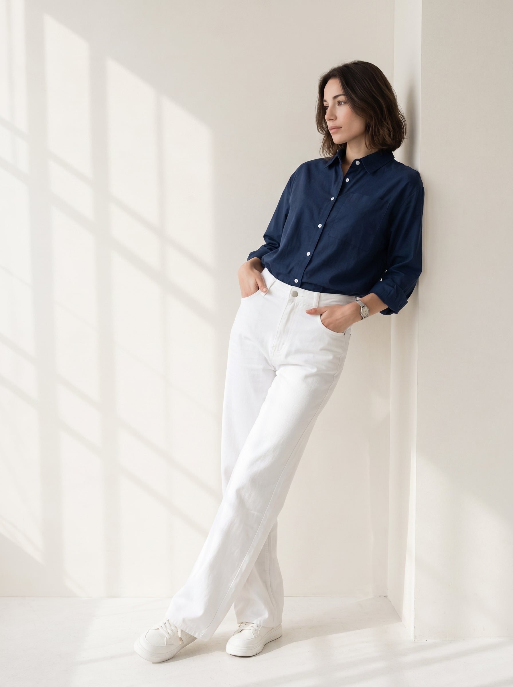 Blue Spread Collar Solid Casual Cotton Shirt For Women