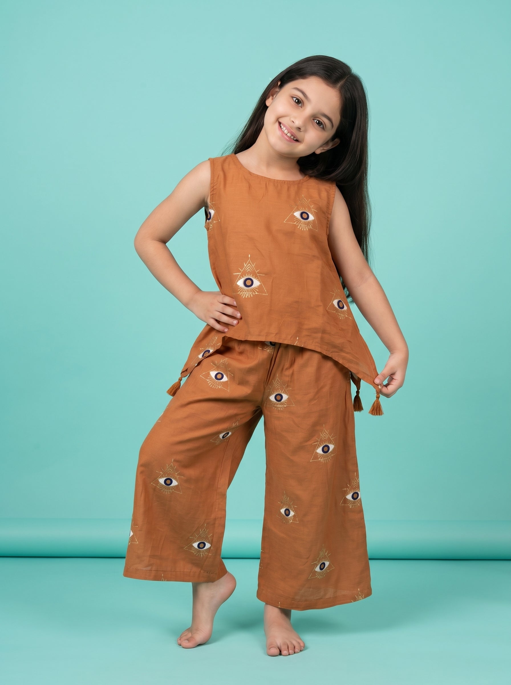 Brown Round Neck Geometric Print Silk Blend Co-Ord Set For Kids