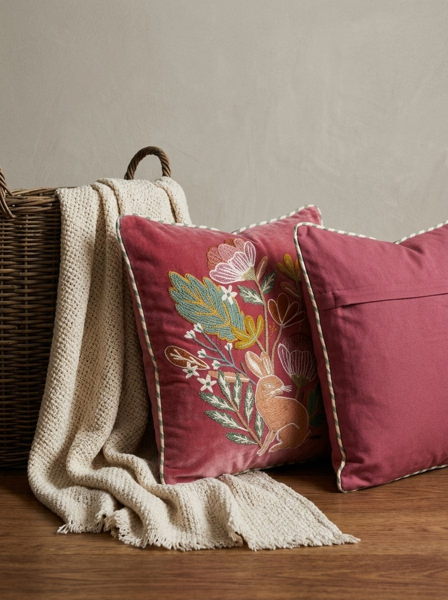 Pink Velvet Square Cushion Cover With Floral & Rabbit Embroidery