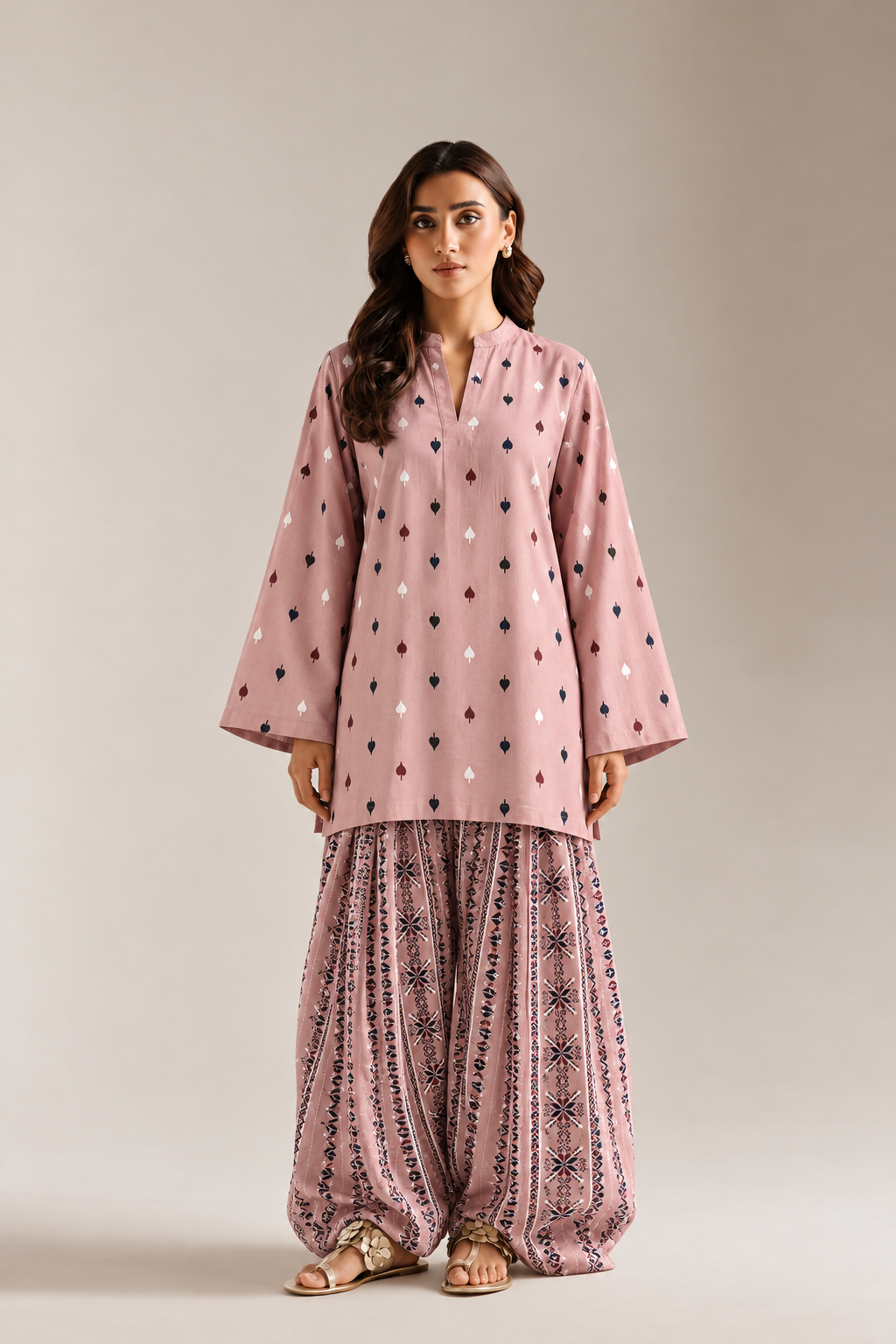 Pink Geometric Leaf Print Tunic & Striped Farshi Salwar Co-Ord Set For Women