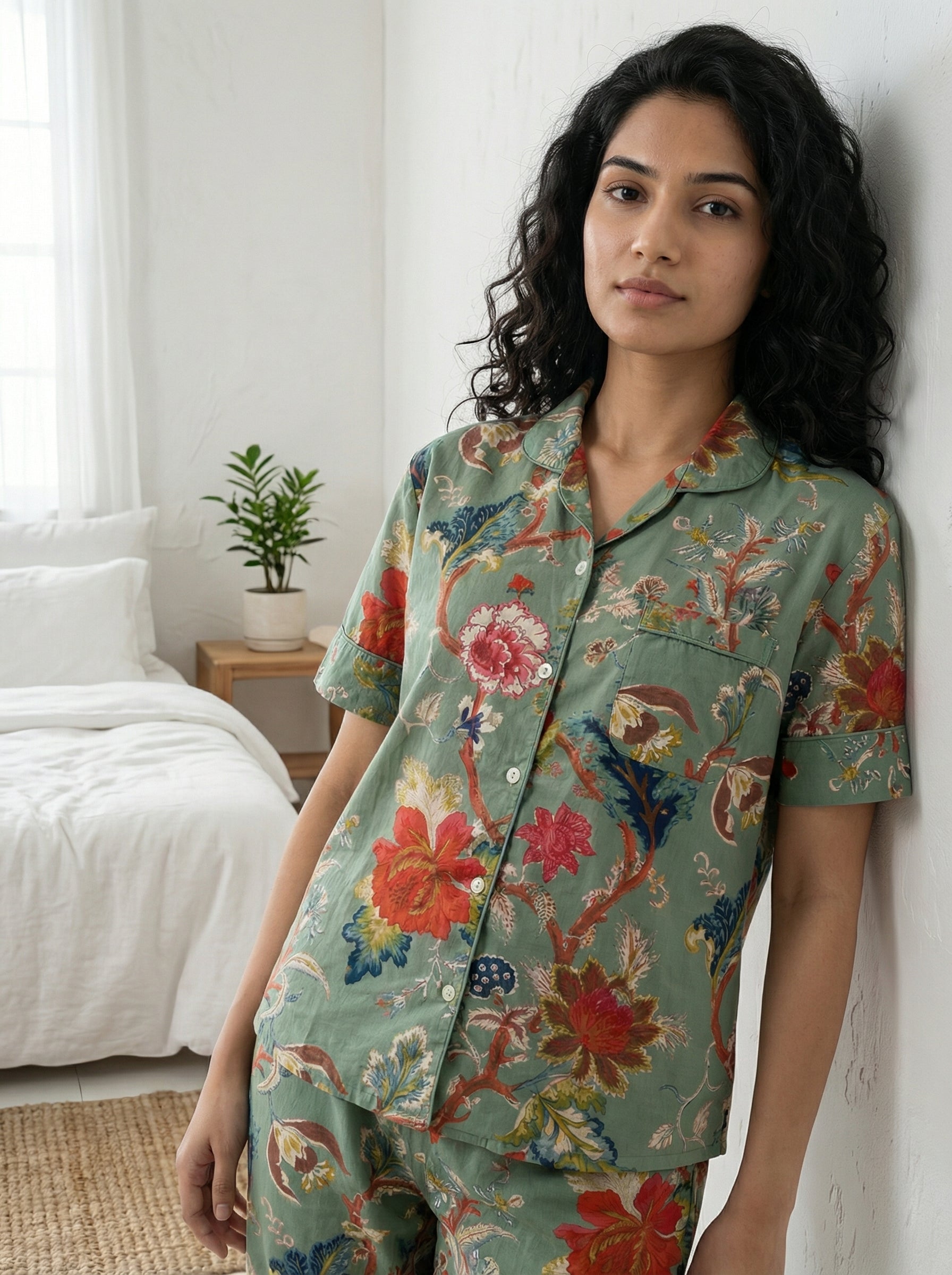 Sage Green Lapel Collar Floral Print Pure Cotton Night Suit For Women