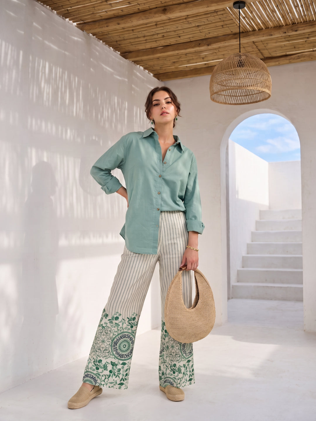 Green Shirt Collar Embroidered Pure Cotton Co-Ord Set For Women