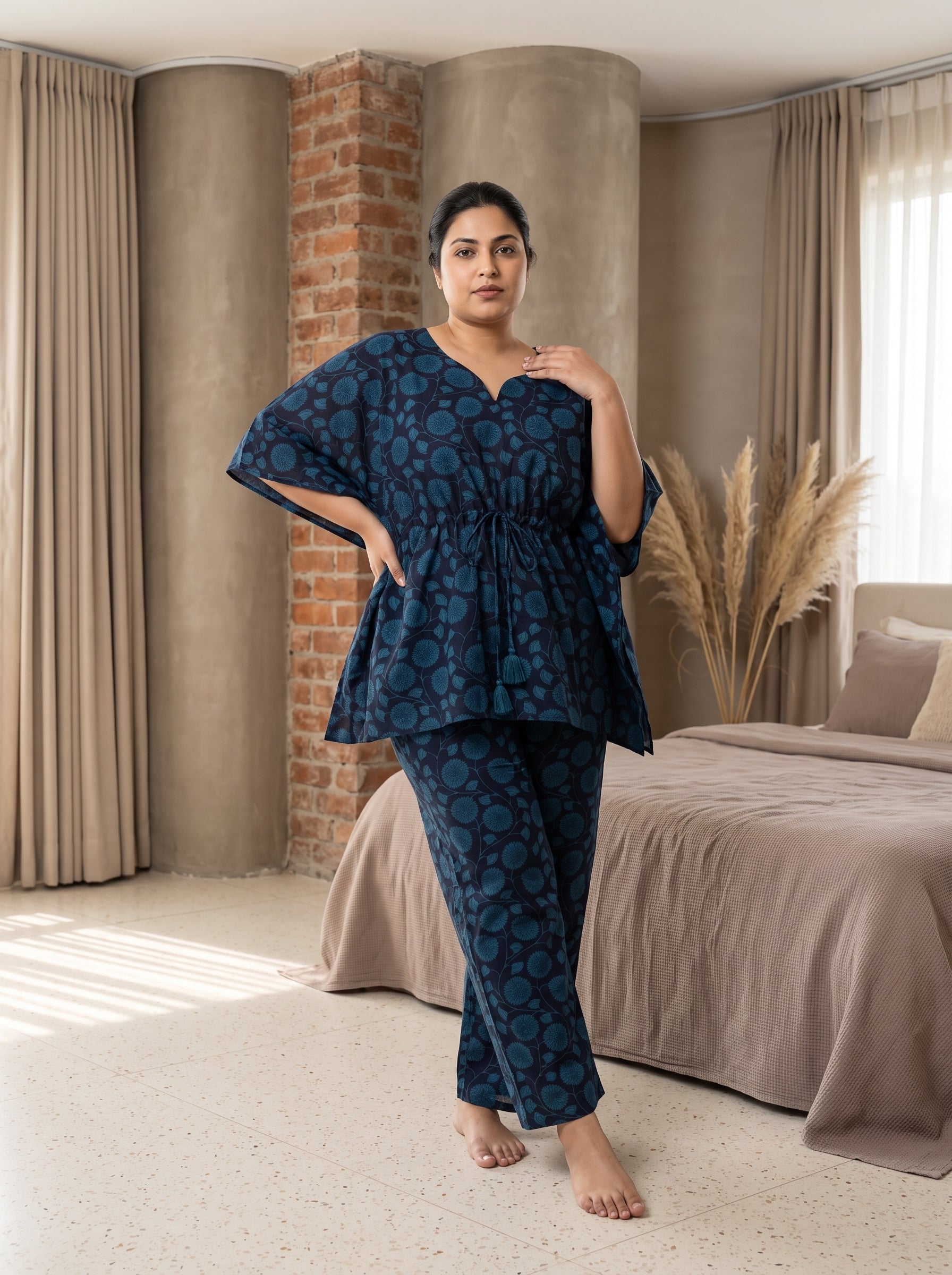 Navy Blue Floral Print Sweetheart-Neck Cotton Plus Size Kaftan Set For Women
