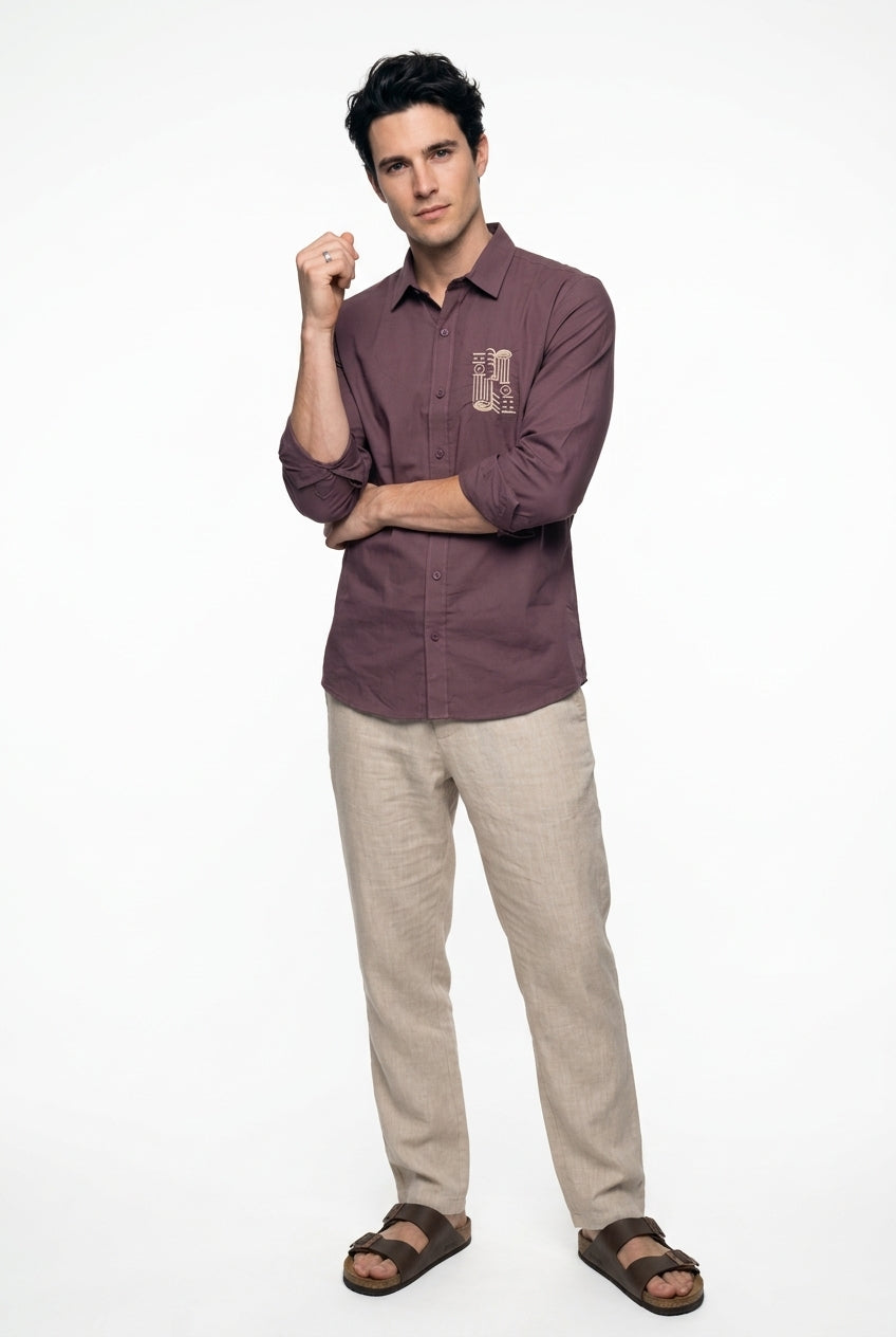 Mauve Embroidered Band Collar Cotton Casual Shirt For Men