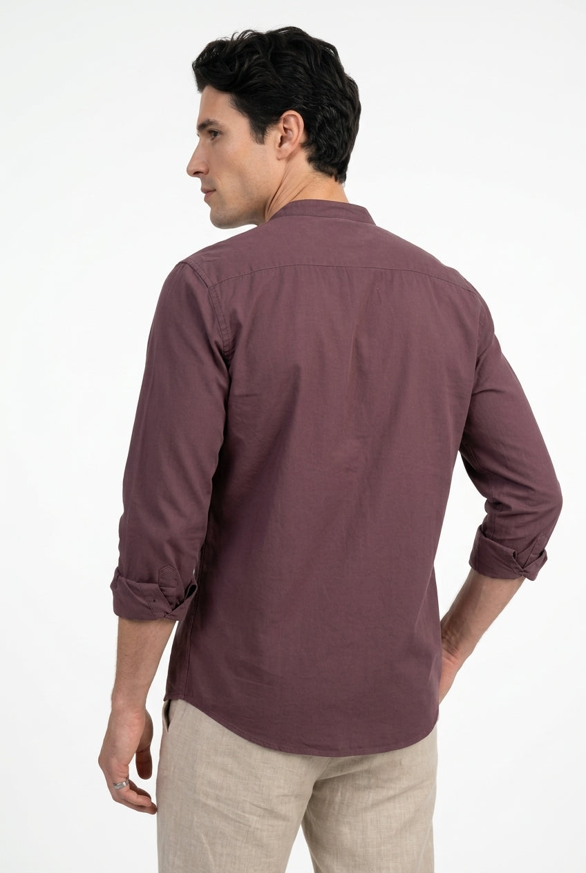 Mauve Embroidered Band Collar Cotton Casual Shirt For Men