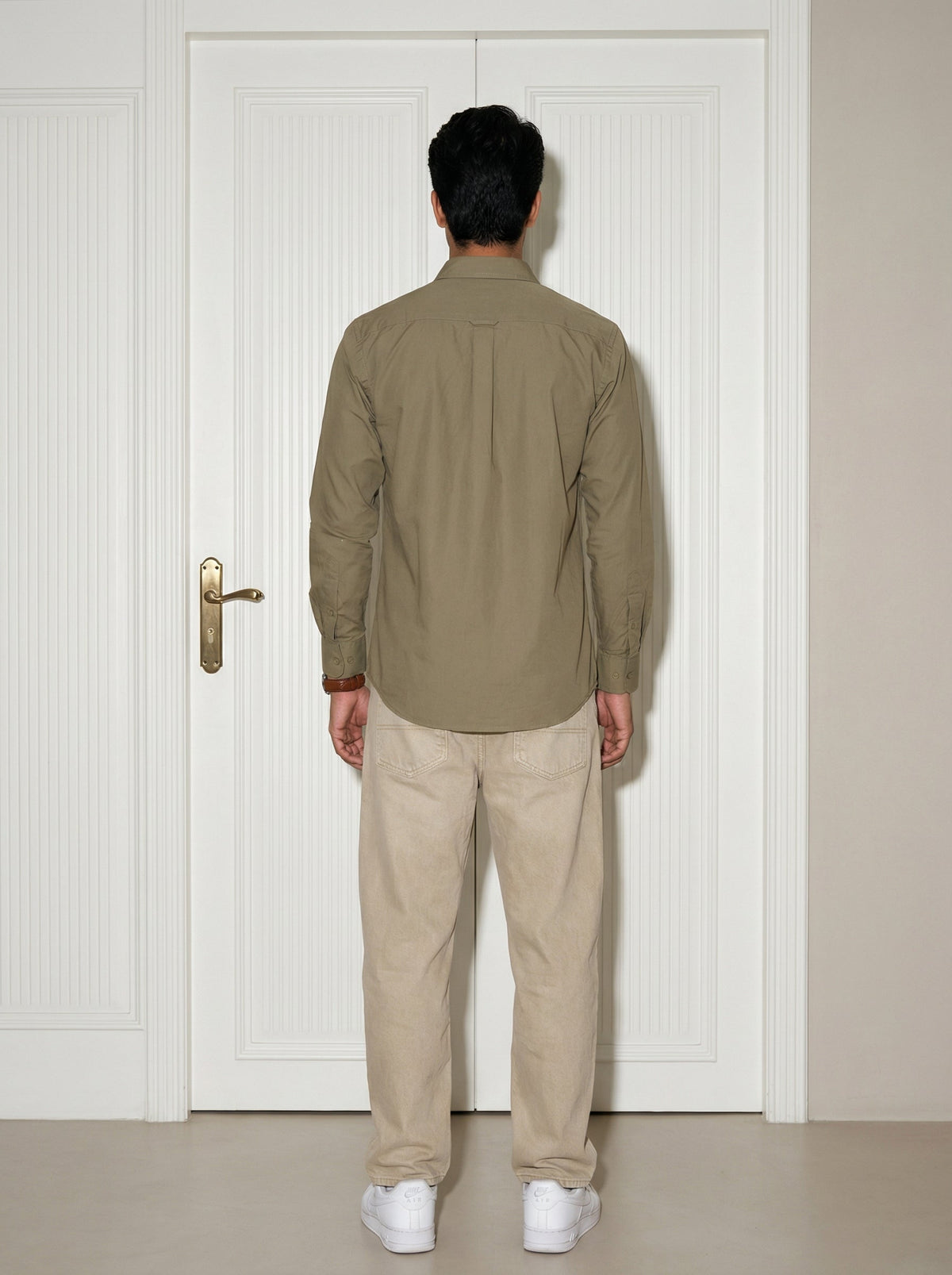 Brown Solid Band Collar Pure Cotton Shirt For Men