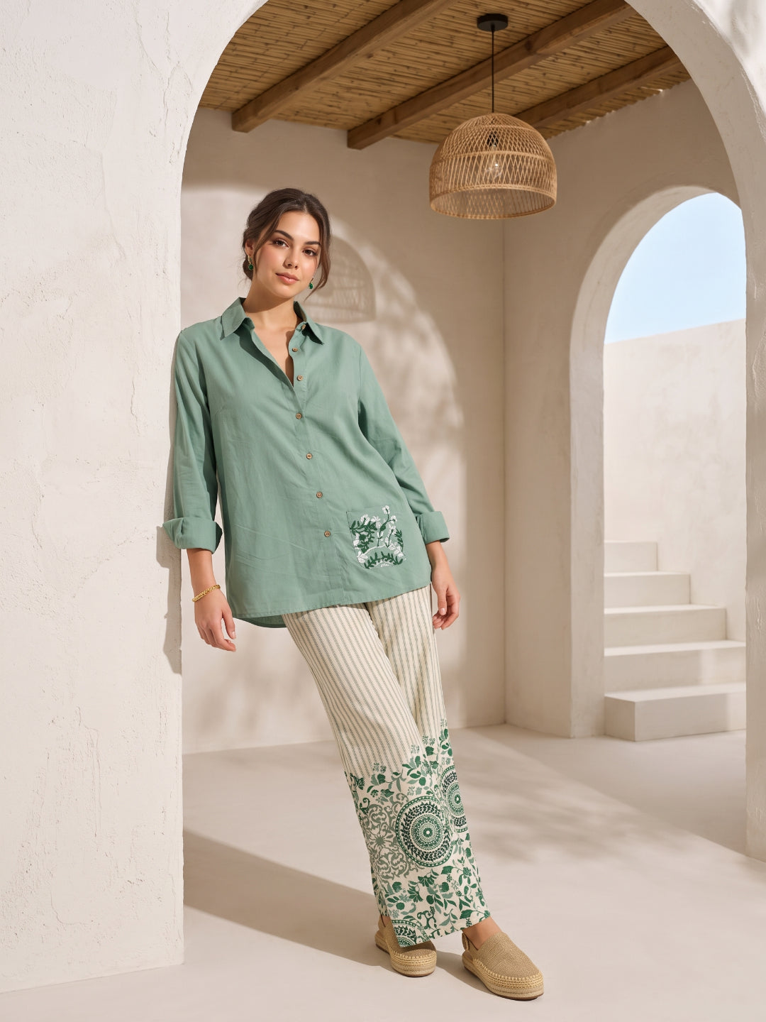 Green Shirt Collar Embroidered Pure Cotton Co-Ord Set For Women