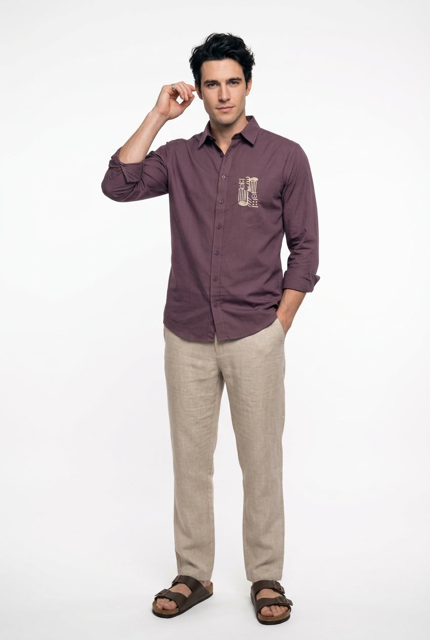 Mauve Embroidered Band Collar Cotton Casual Shirt For Men