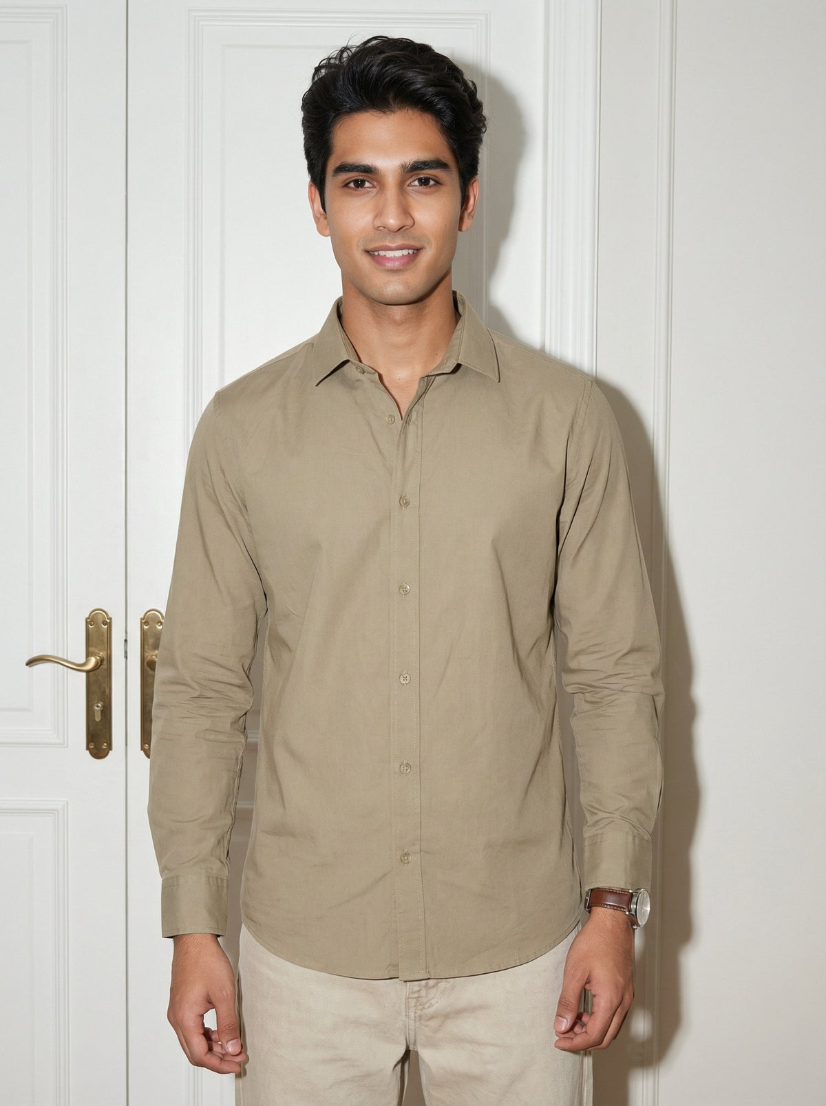 Brown Solid Band Collar Pure Cotton Shirt For Men