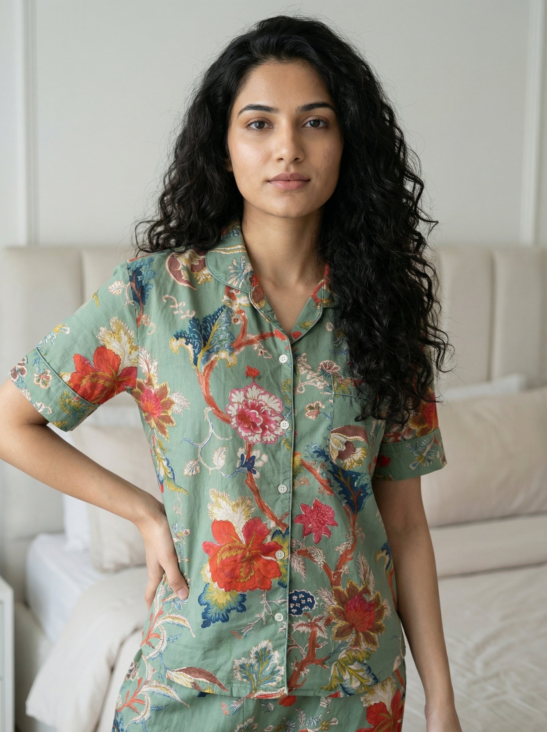 Sage Green Lapel Collar Floral Print Pure Cotton Night Suit For Women