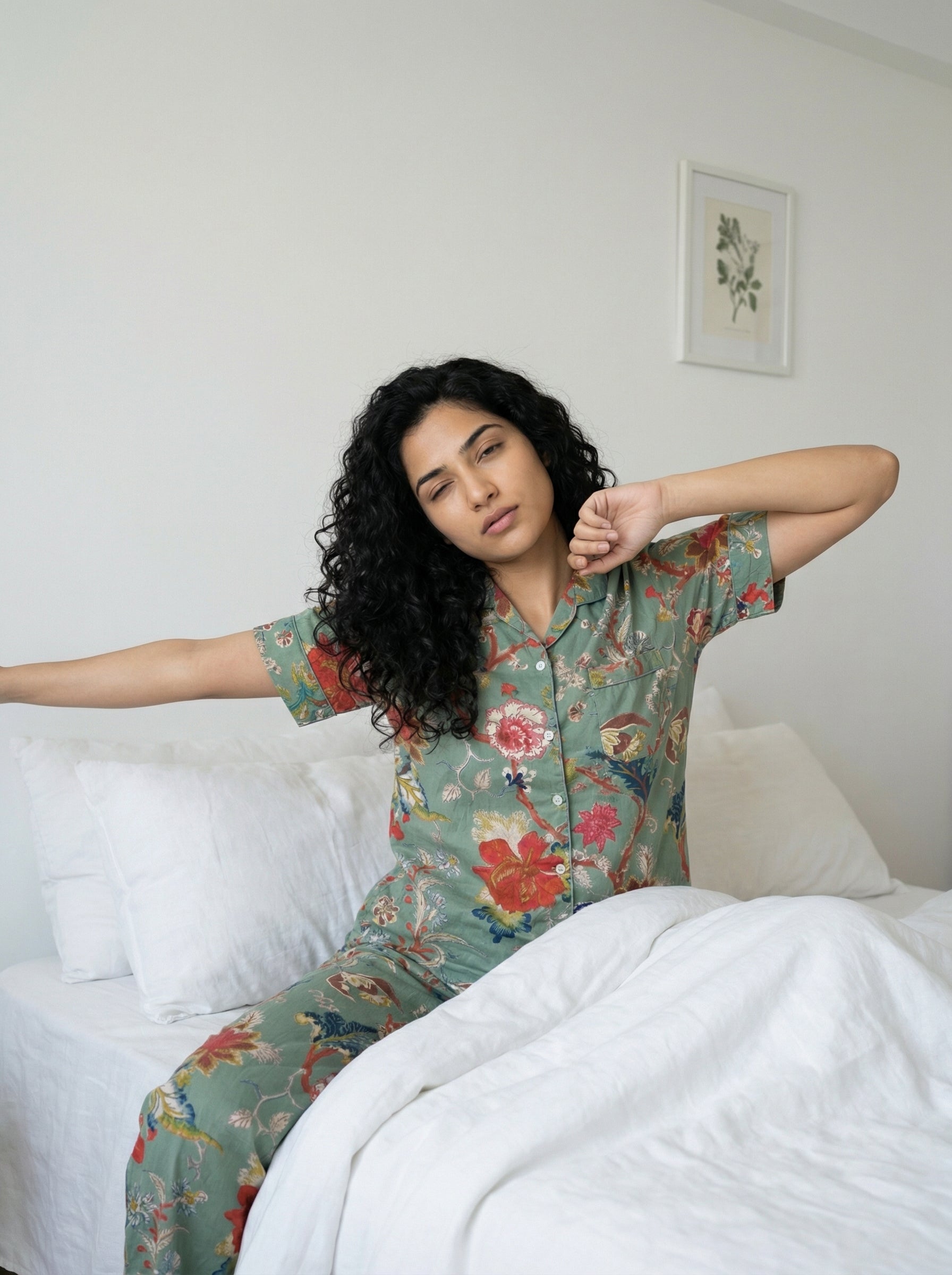 Sage Green Lapel Collar Floral Print Pure Cotton Night Suit For Women
