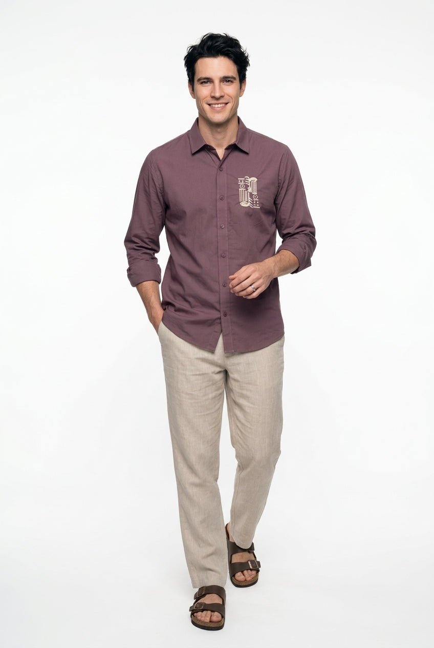 Mauve Embroidered Band Collar Cotton Casual Shirt For Men