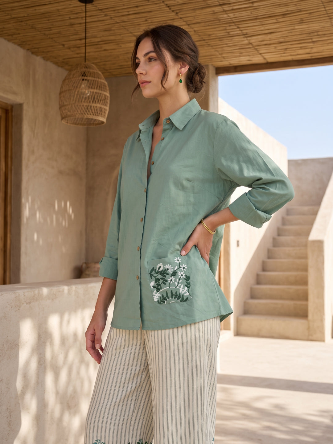 Green Shirt Collar Embroidered Pure Cotton Co-Ord Set For Women