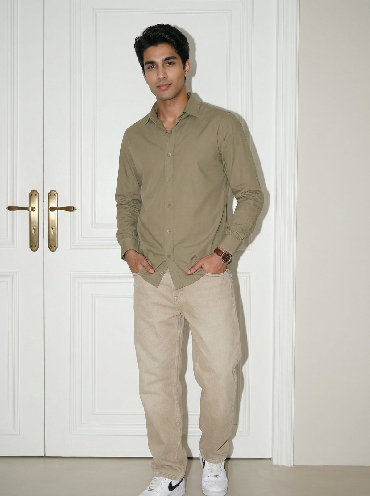 Brown Solid Band Collar Pure Cotton Shirt For Men