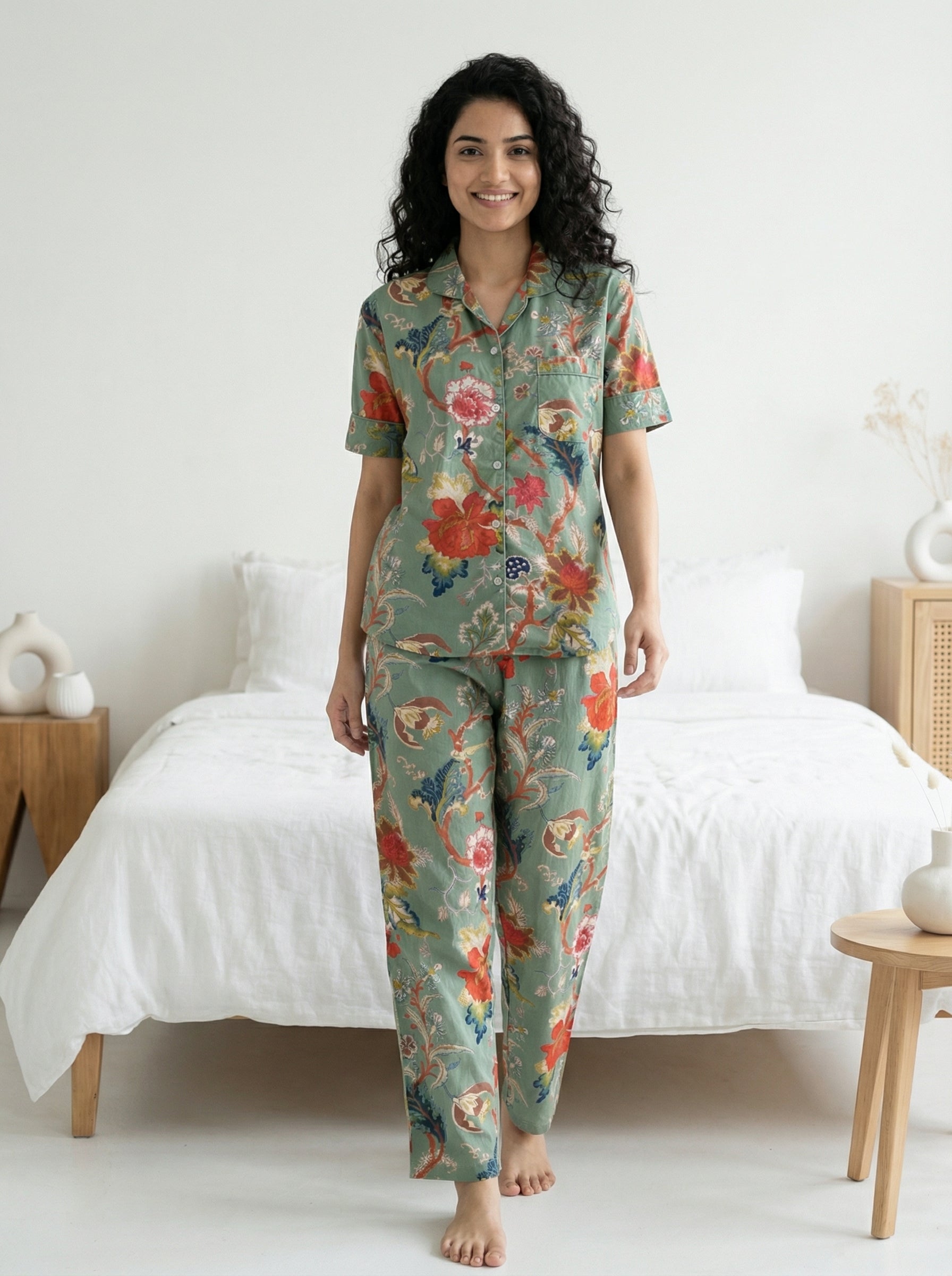Sage Green Lapel Collar Floral Print Pure Cotton Night Suit For Women
