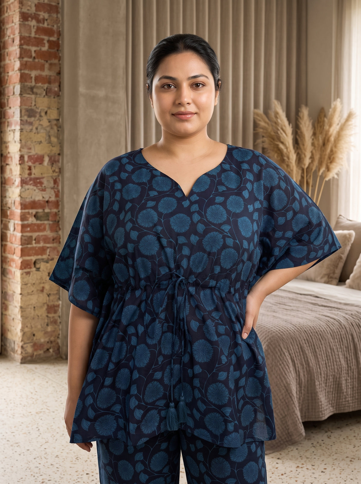 Navy Blue Floral Print Sweetheart-Neck Cotton Plus Size Kaftan Set For Women